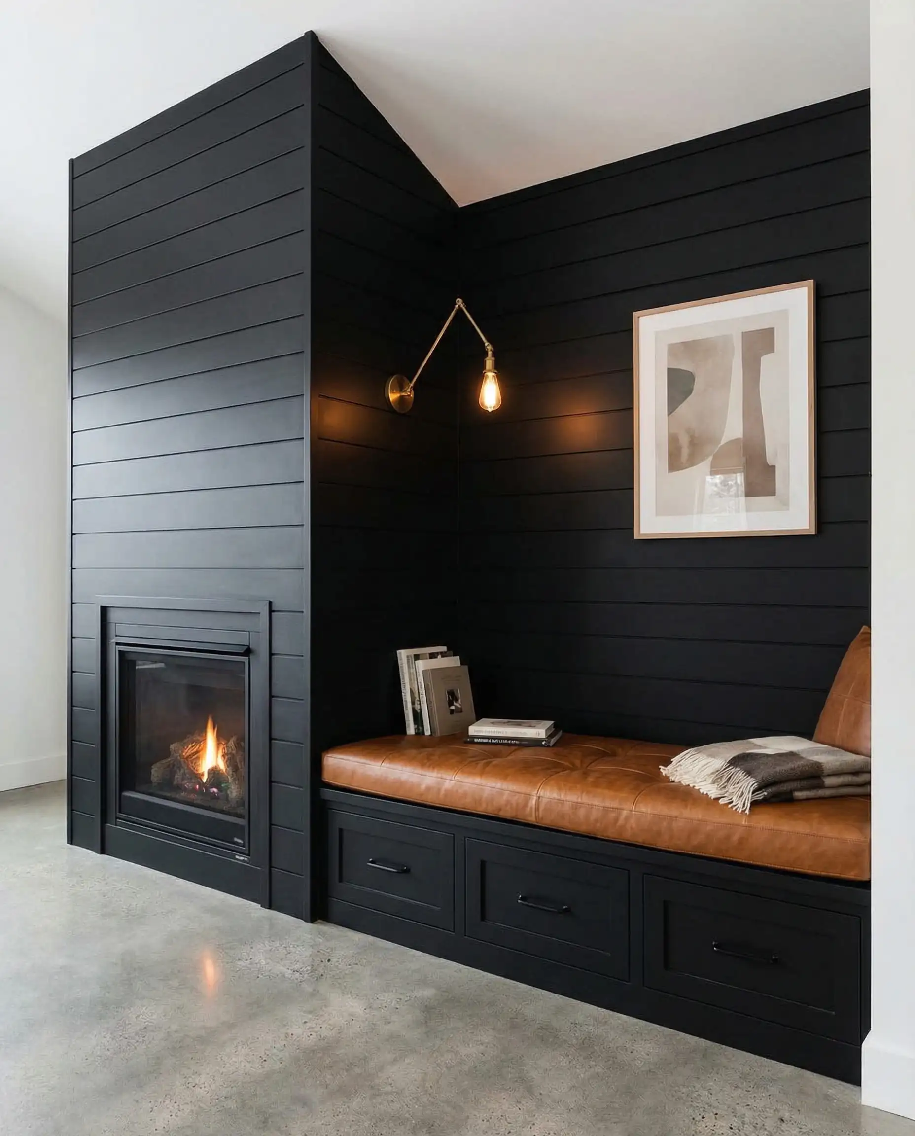 Black shiplap fireplace with an attached asymmetrical built-in bench seat.