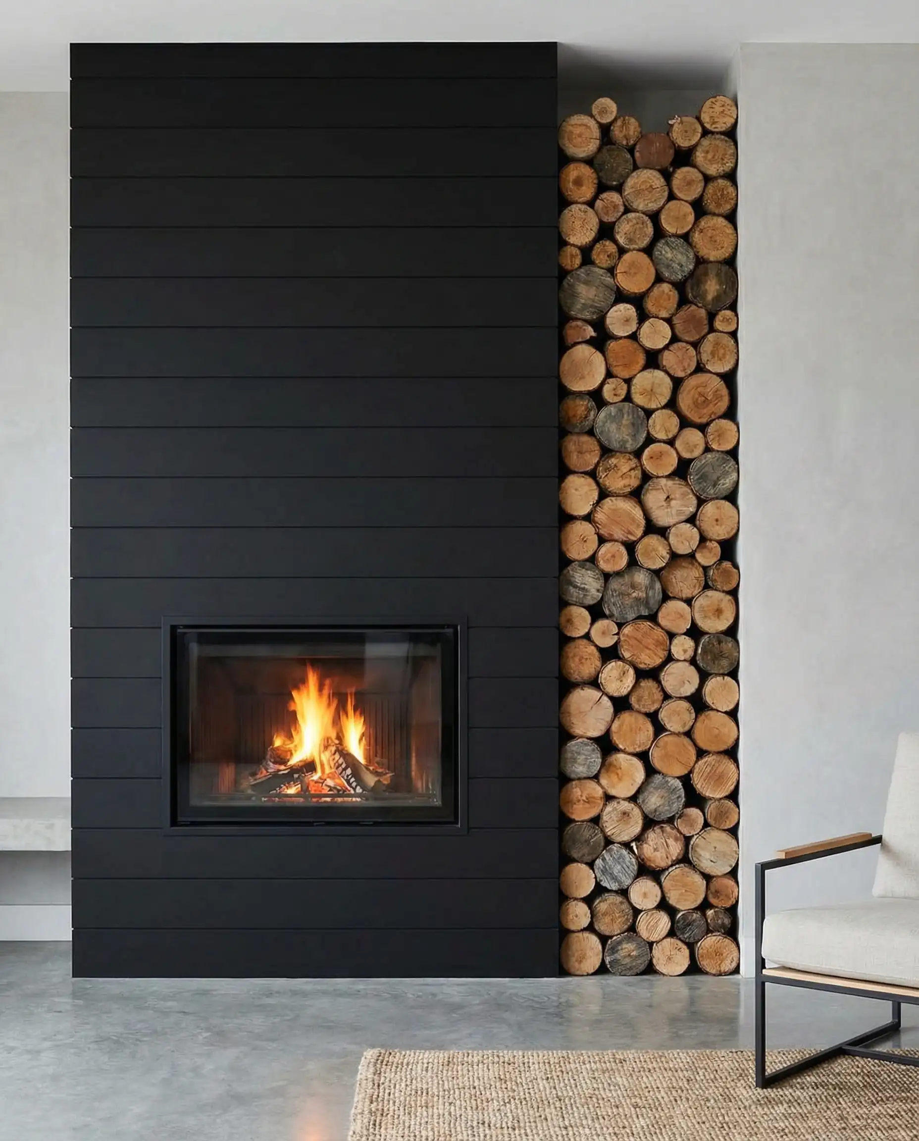 Black fireplace with a tall asymmetrical niche filled with firewood logs.