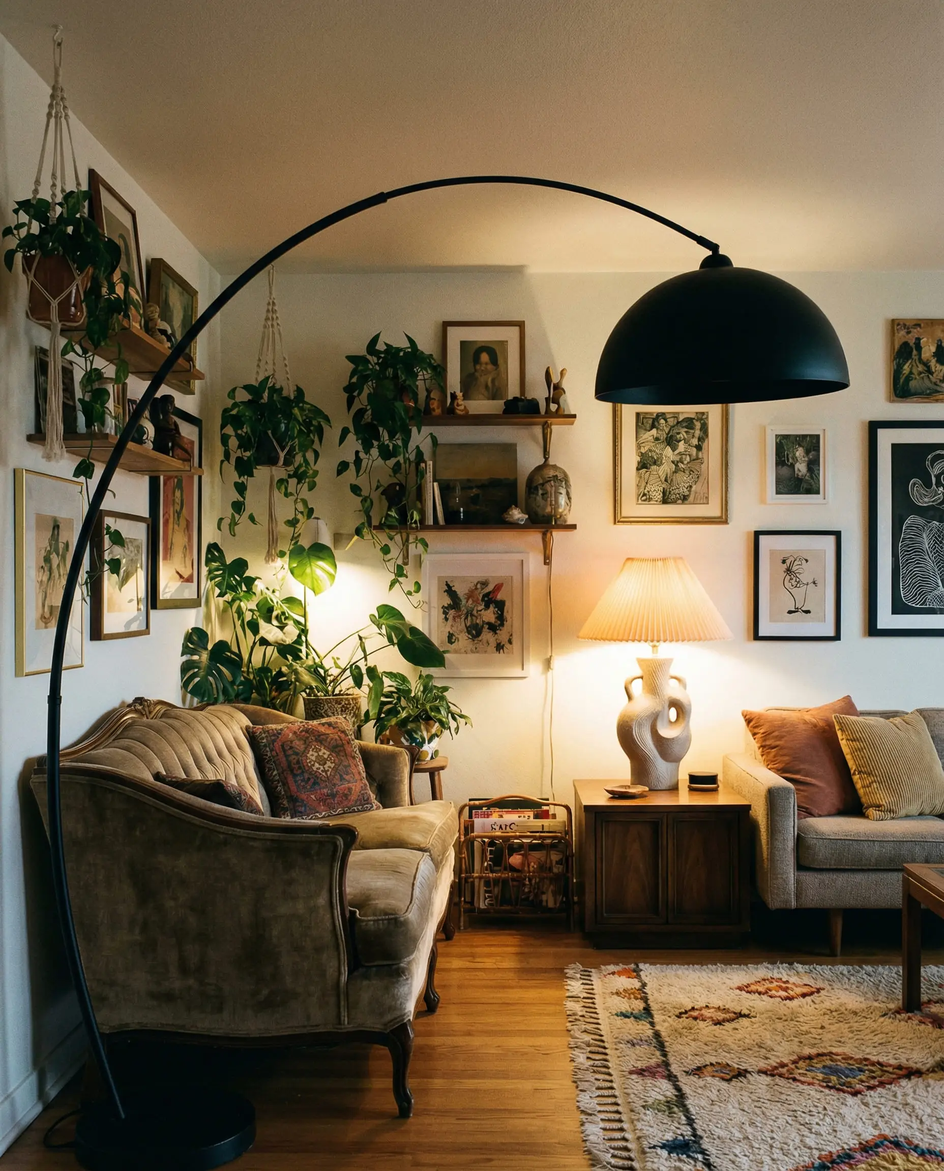 Eclectic living room with a large black arc lamp on one side and a ceramic table lamp on the other side.
