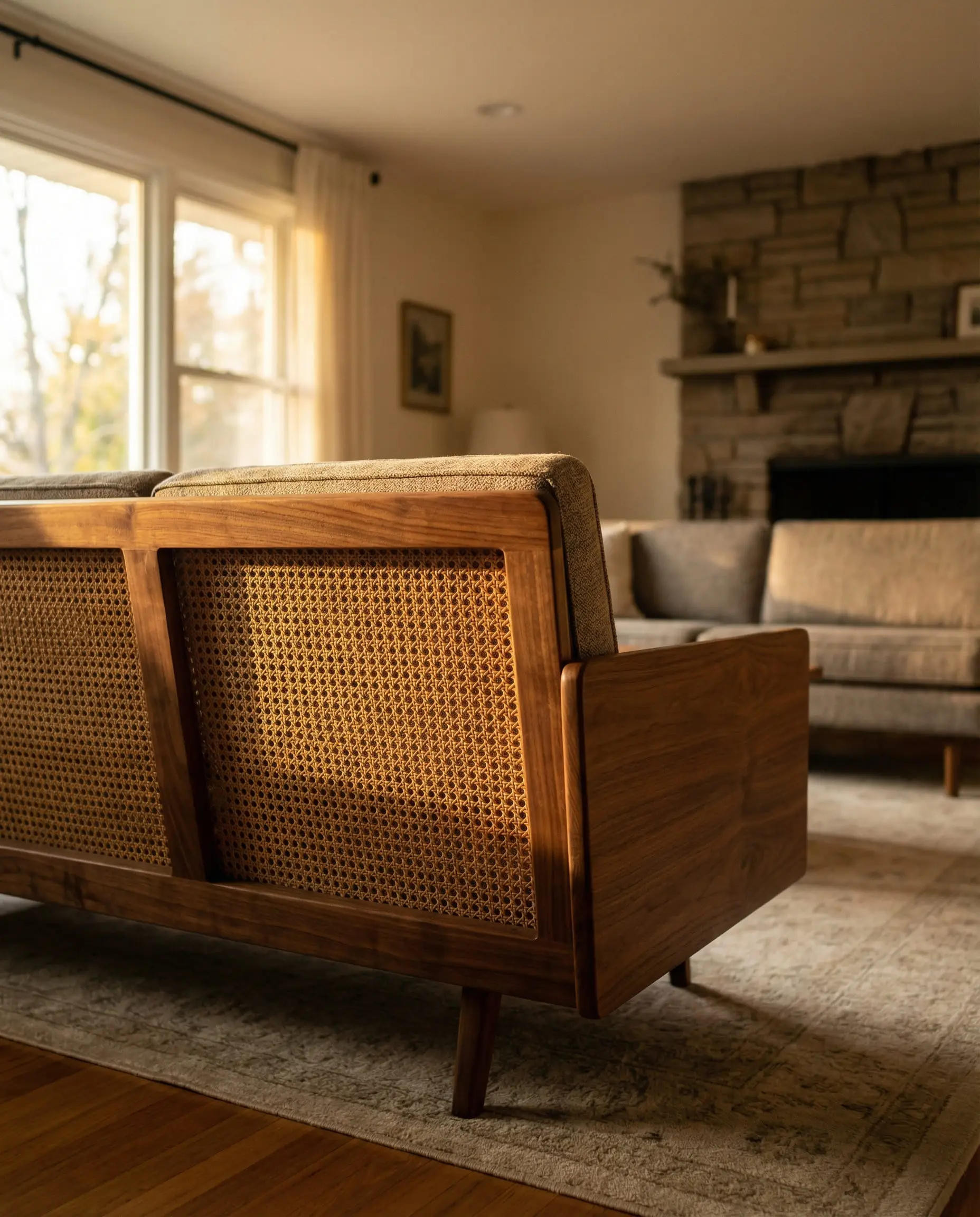 Low-angle shot focusing on the beautiful cane and wood back of a designer sofa in a floating furniture arrangement.