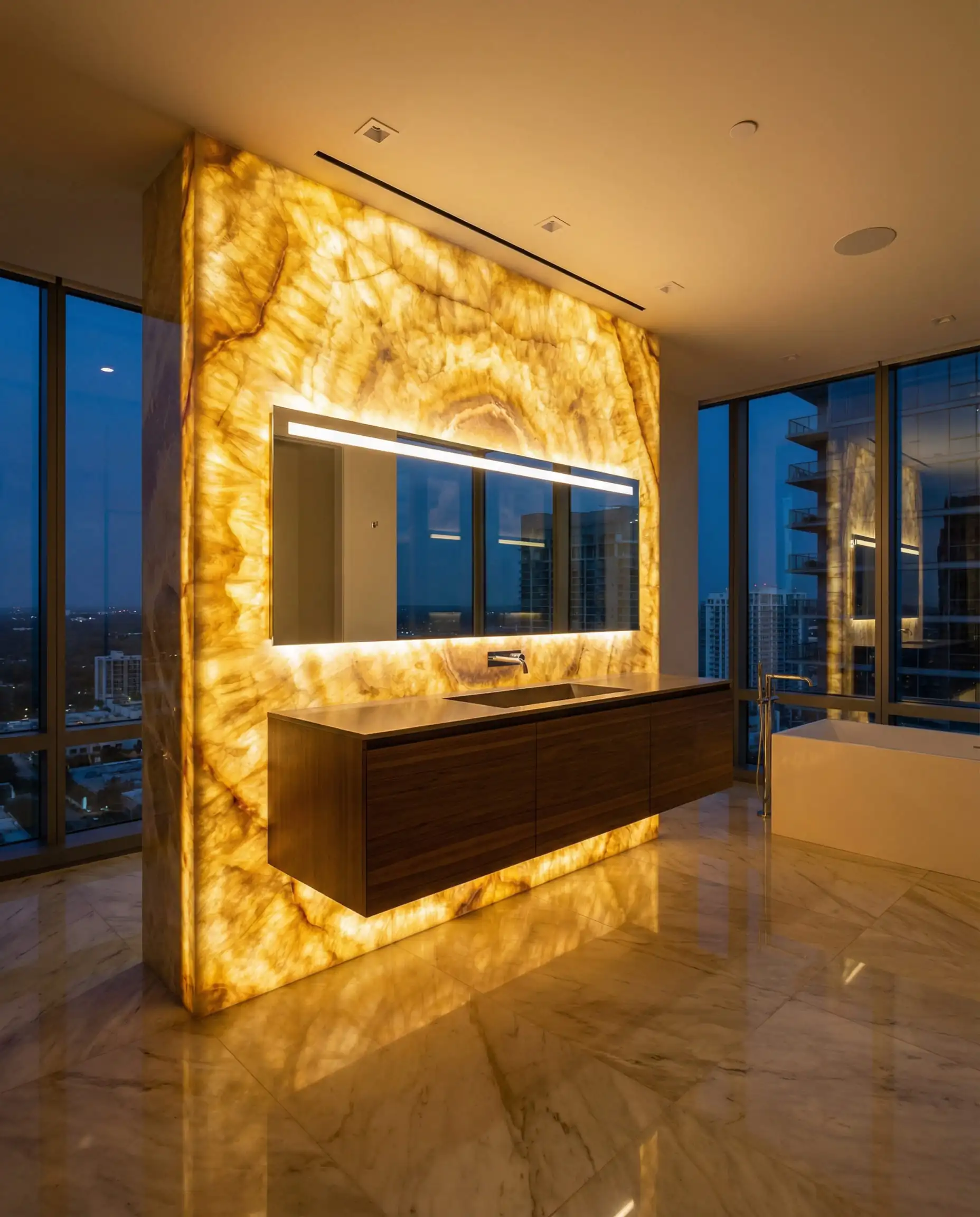 Ultra-luxury bathroom vanity wall made of translucent backlit honey onyx stone.