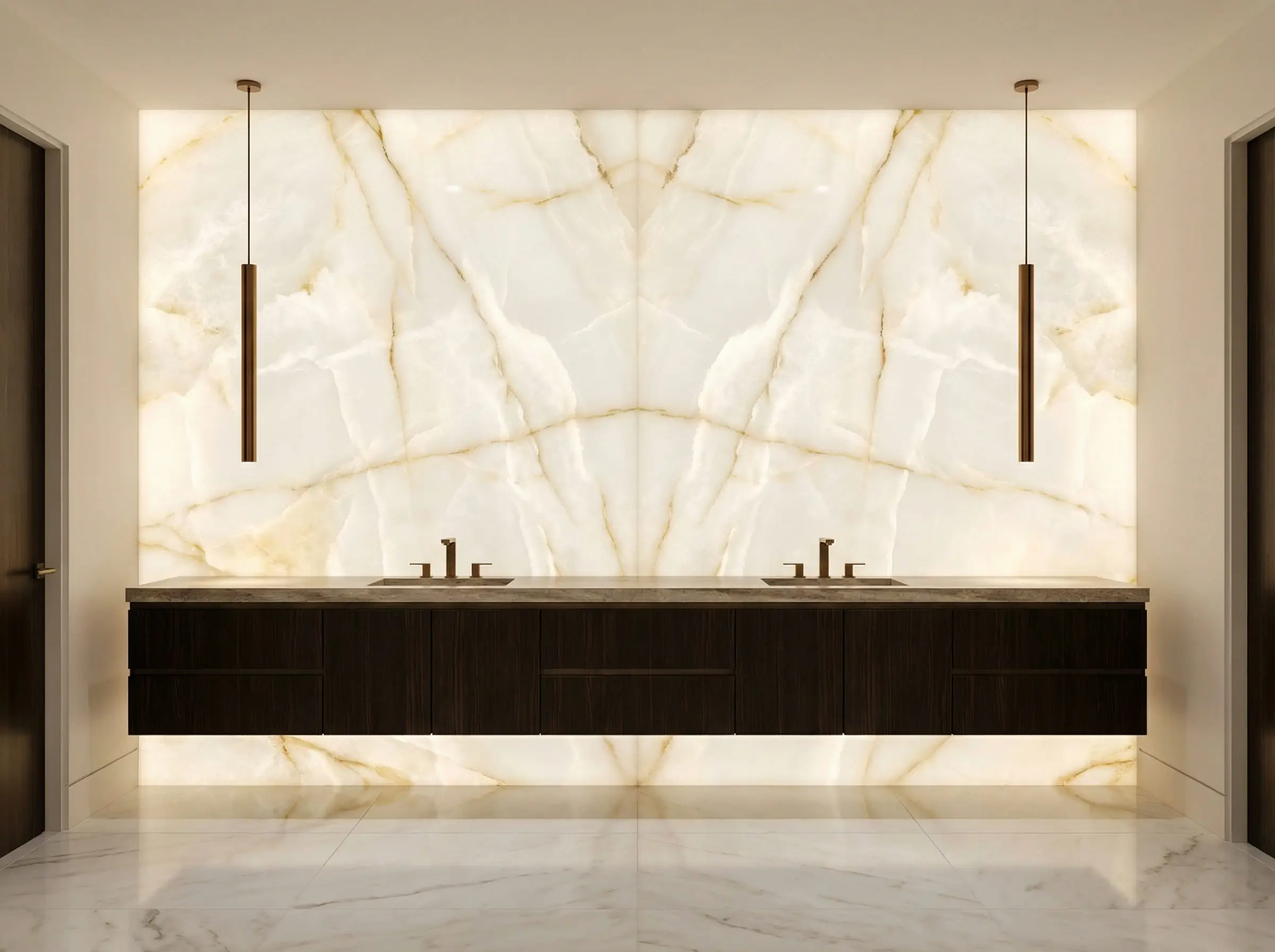 Wide shot of a luxury master bath with a full wall of backlit white onyx stone.