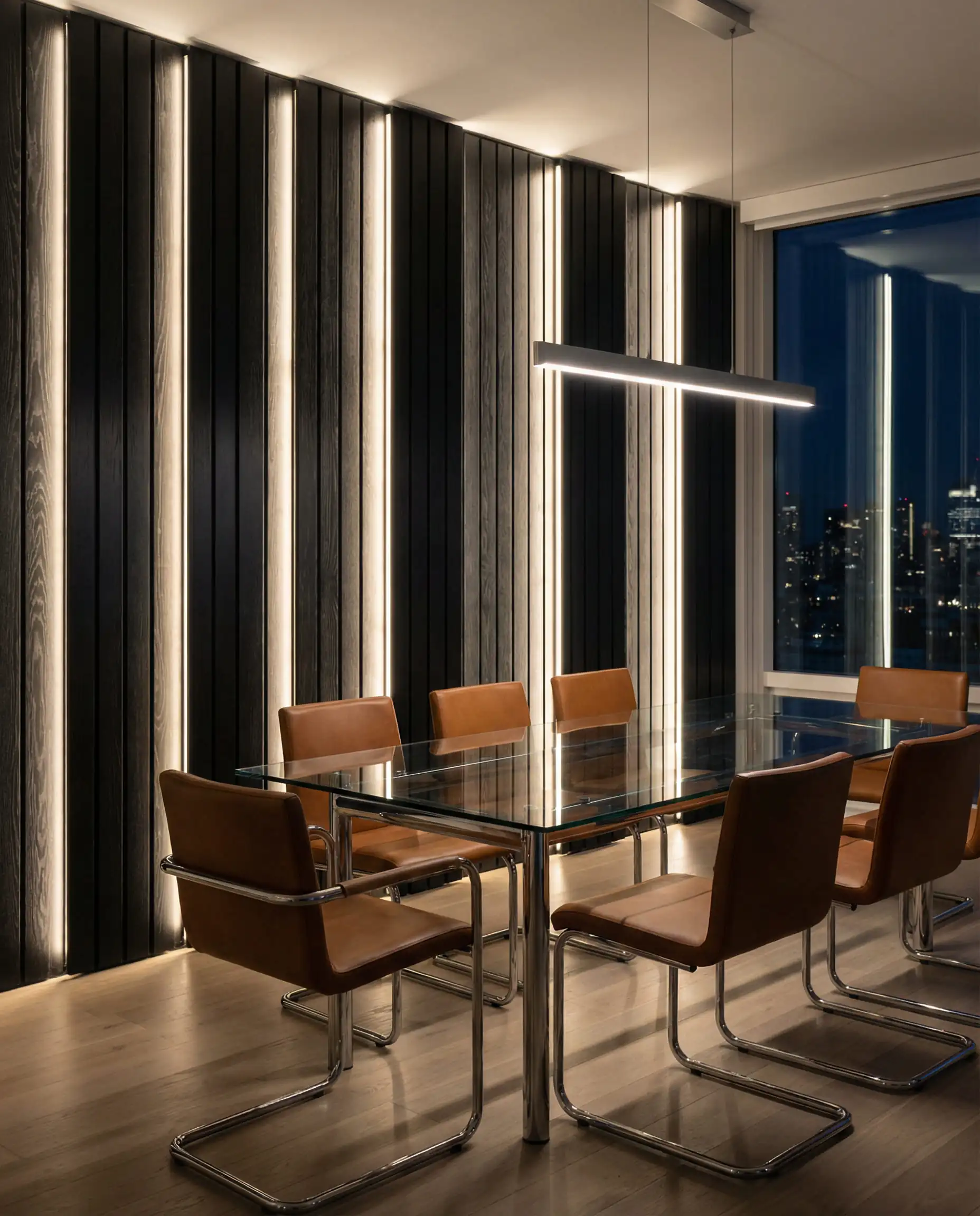 Futuristic dining room wall decor featuring matte black wood slats with vertical LED light strips embedded between them.