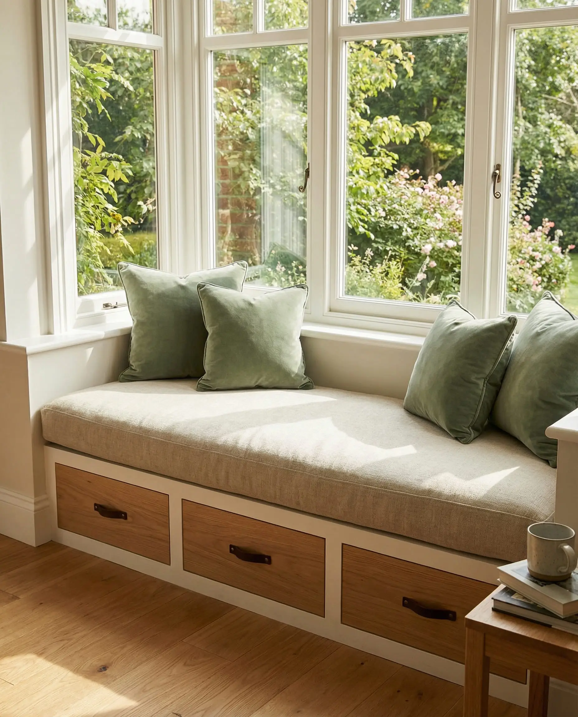 Bay window seat with linen cushions and built-in storage drawers underneath with leather pulls.