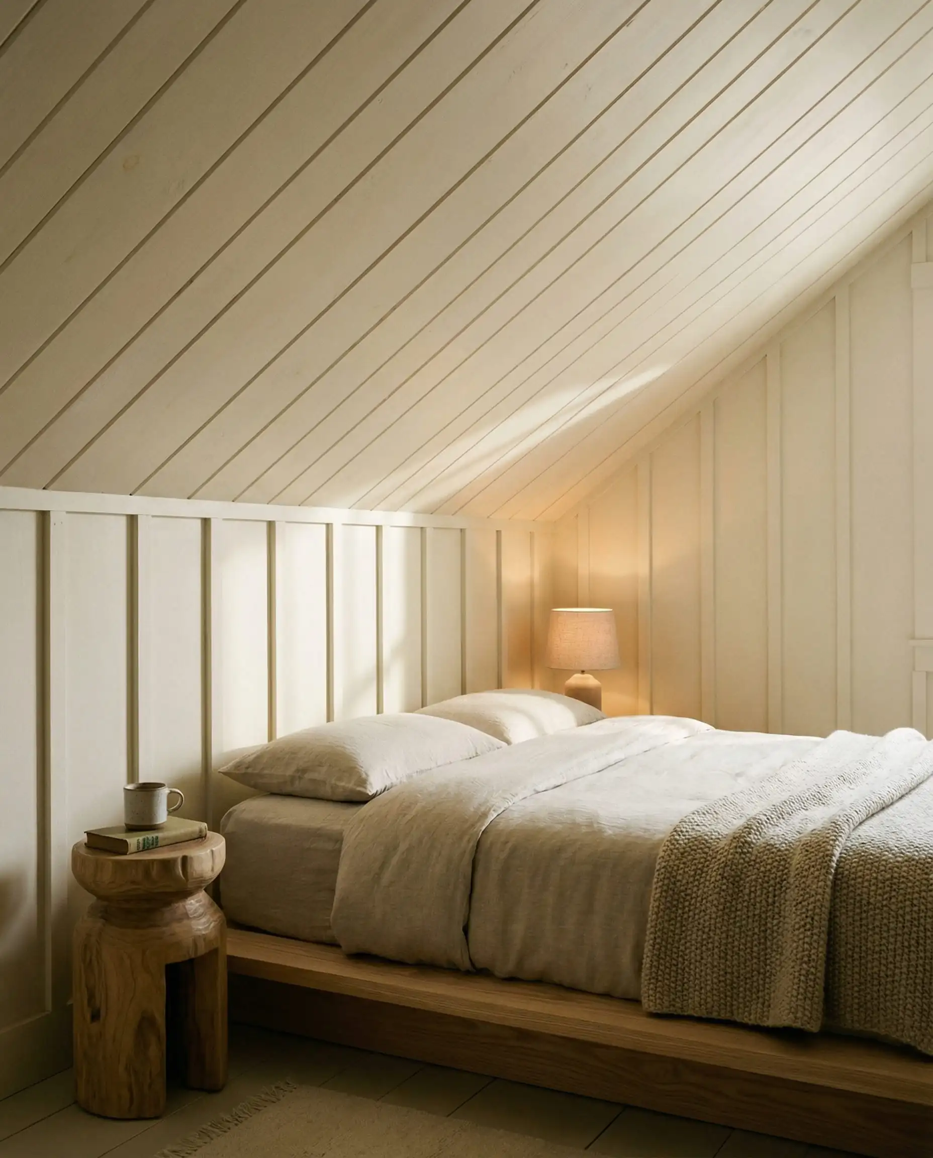 Cozy attic bedroom where vertical board and batten extends from the wall across the sloped ceiling.