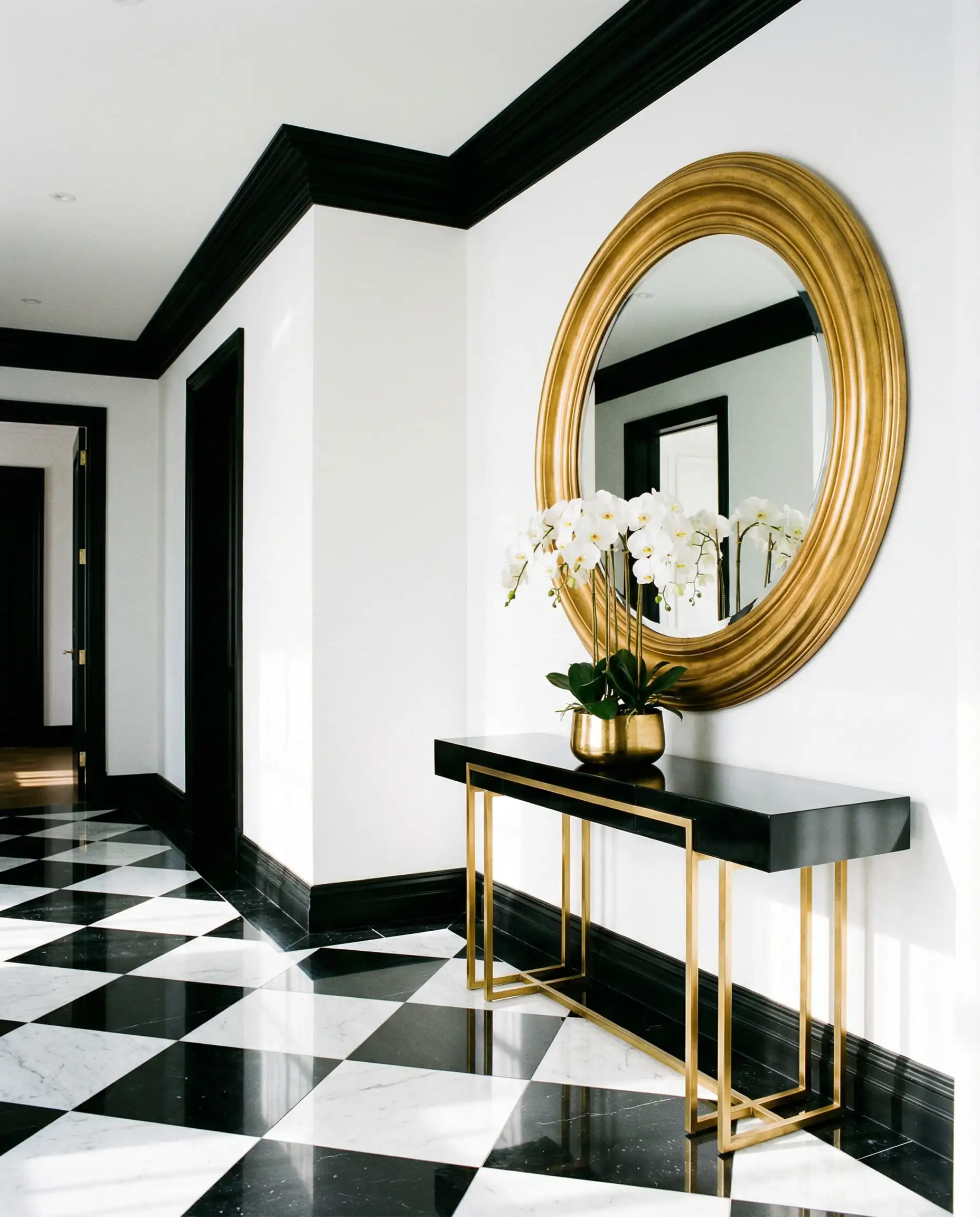 Crisp entryway with black and white checkered floor, white walls, and a gold console table.