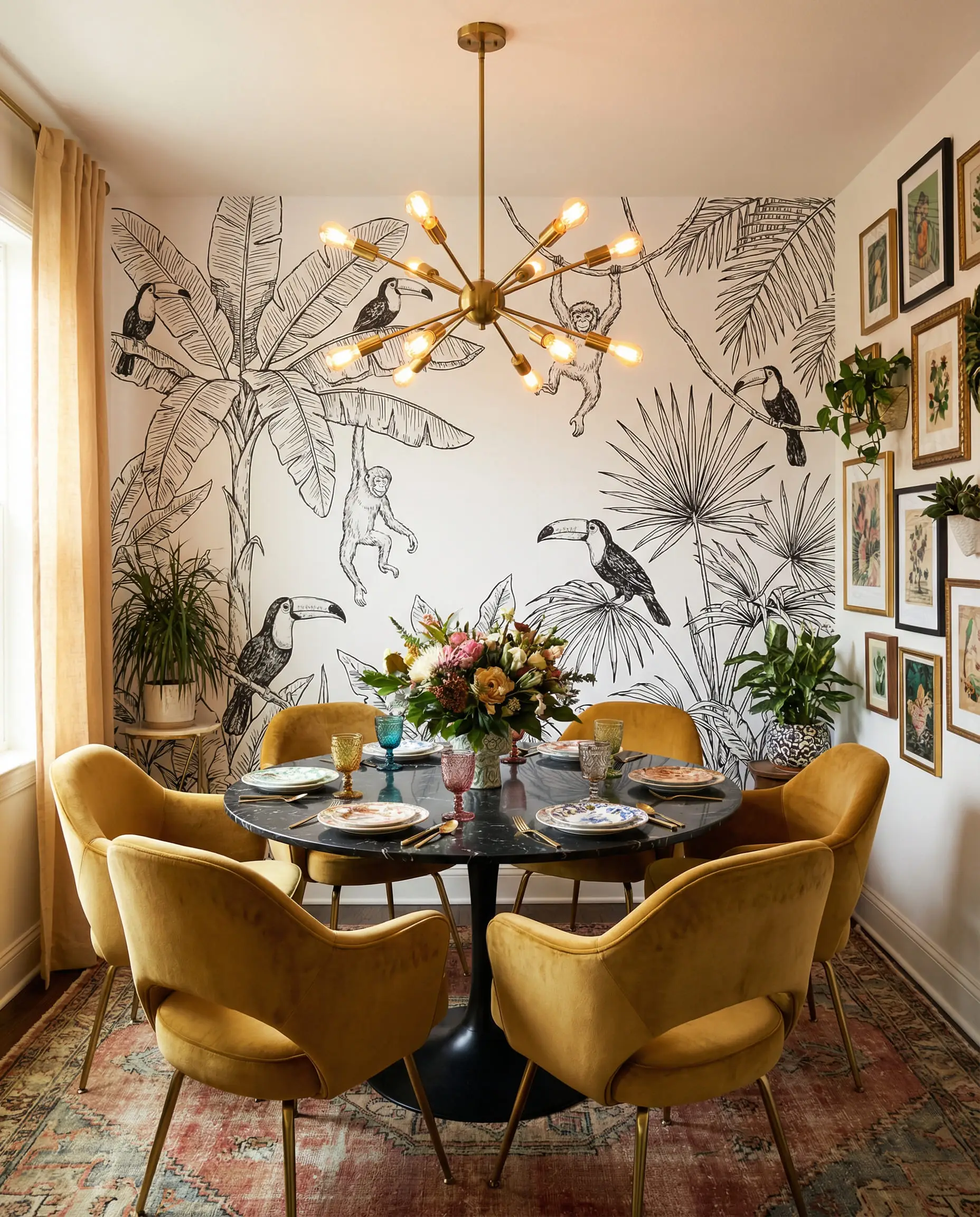 Vibrant dining nook with a black and white line-drawing mural of a tropical jungle, paired with gold velvet chairs.