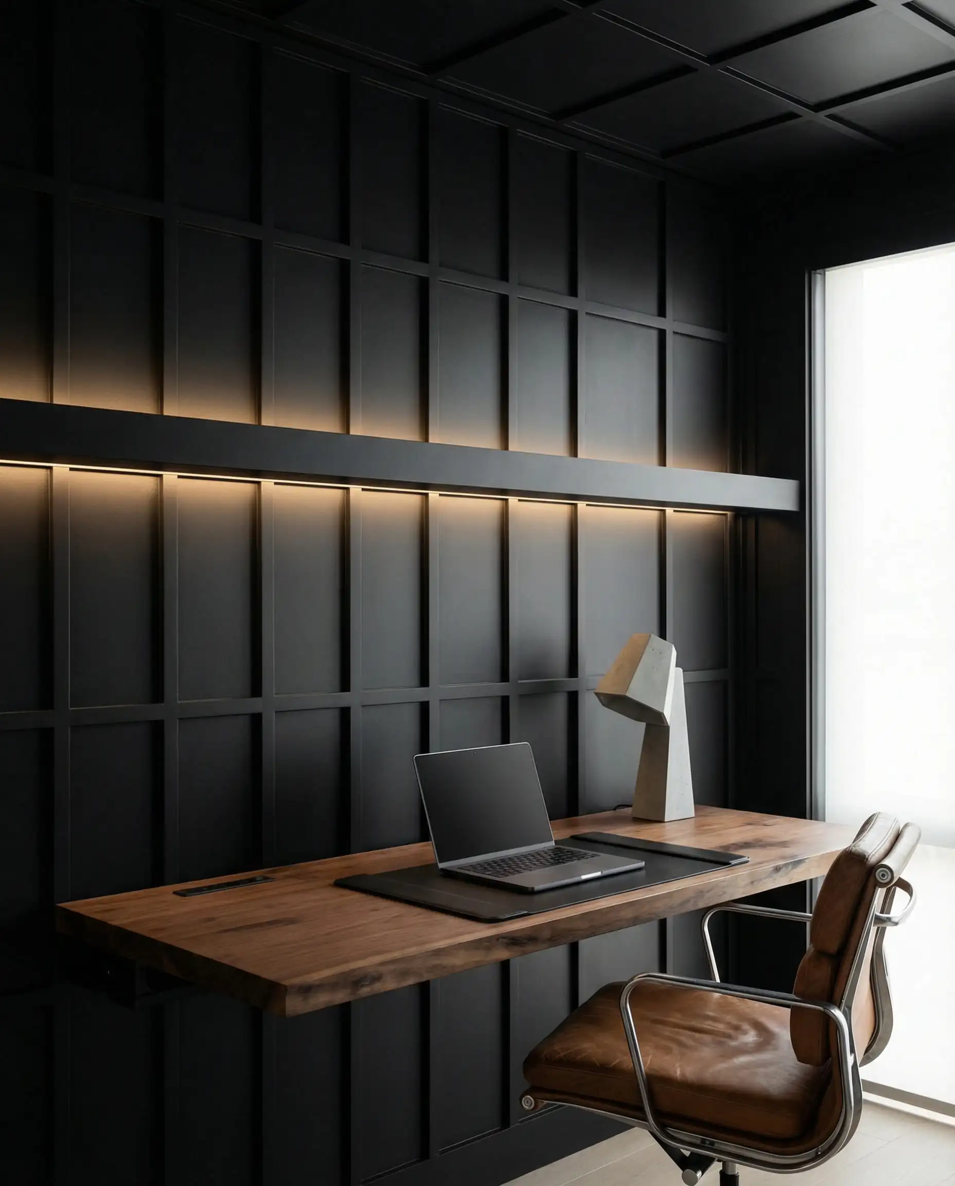 Dramatic home office with matte black grid board and batten wall extending onto the ceiling, featuring a floating walnut desk.