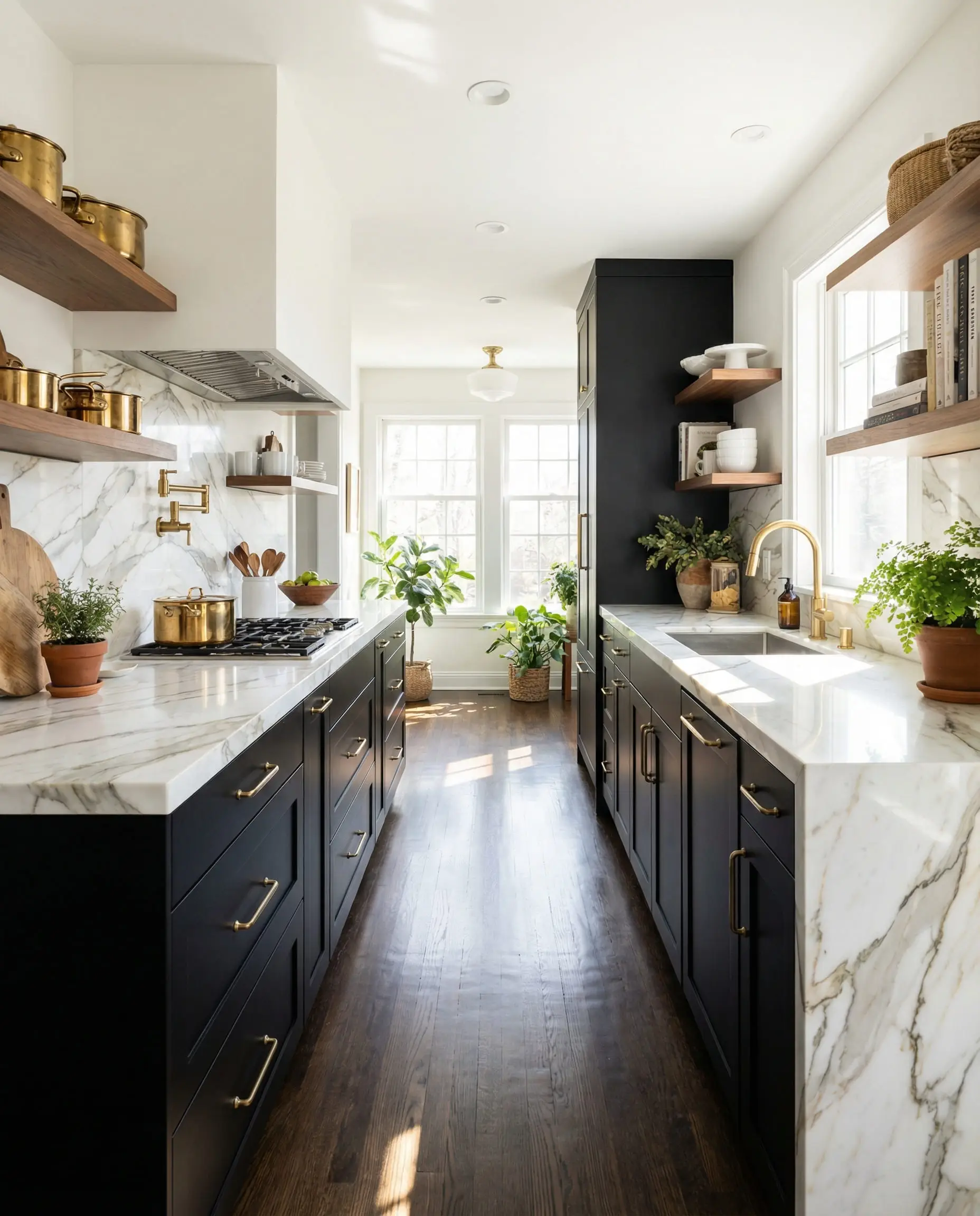 Matte black kitchen cabinets paired with bright Calacatta Gold marble countertops and backsplash.