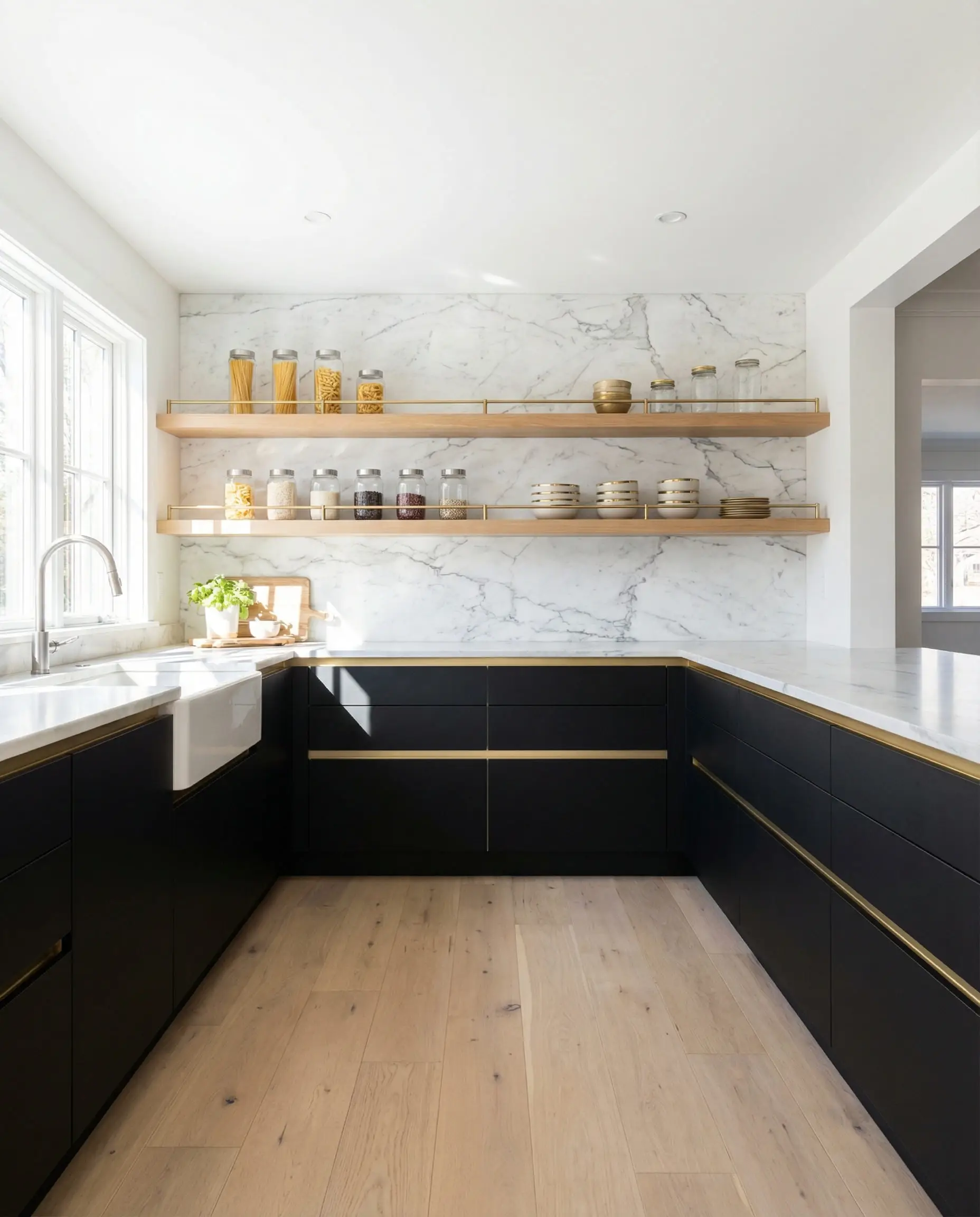 U-shaped kitchen with black lower cabinets and long floating white oak shelves with gold gallery rails.