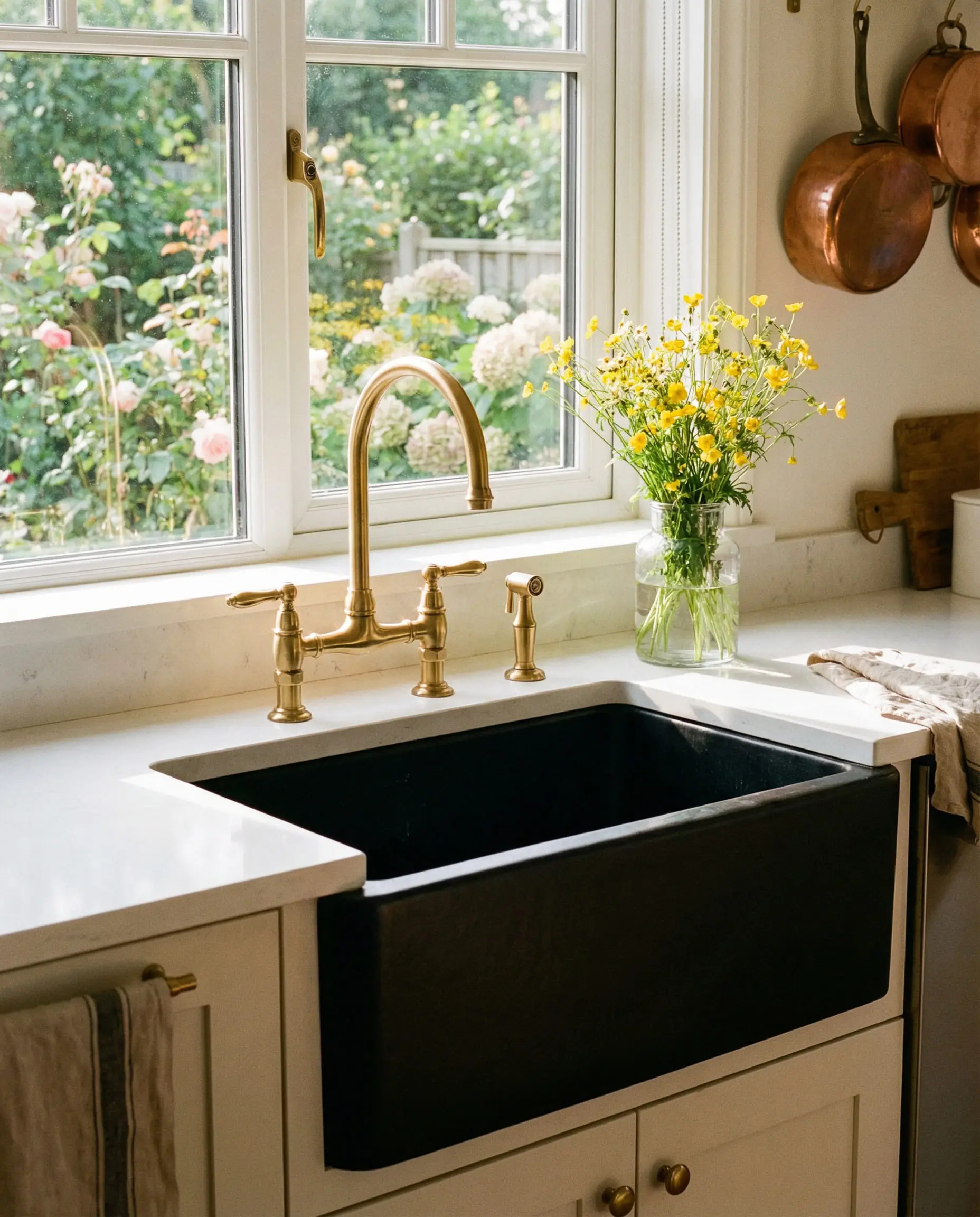 Apron-front black farmhouse sink paired with a brushed gold bridge faucet.