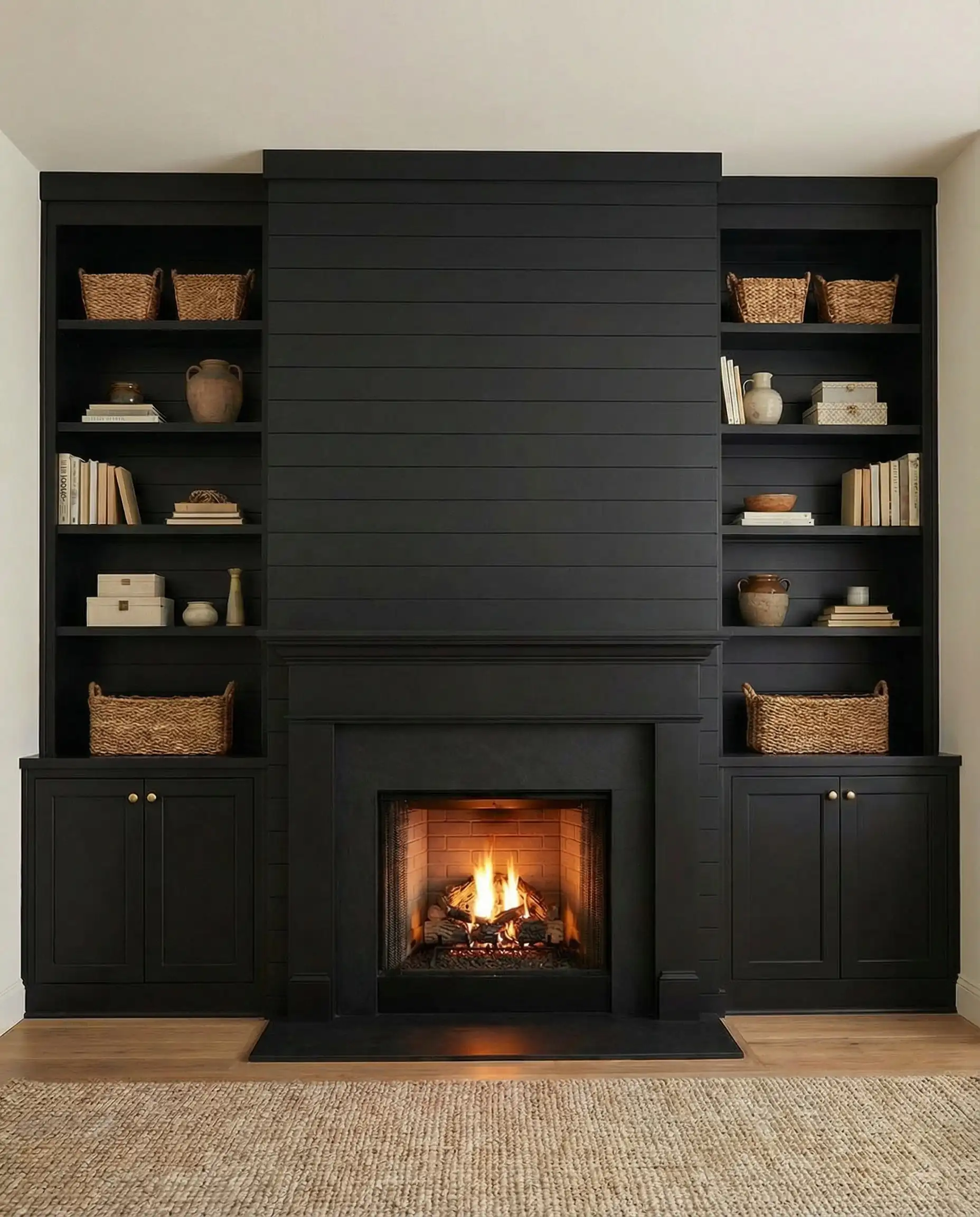 Fireplace wall with black shiplap and symmetrical black built-in cabinets with open shelving.