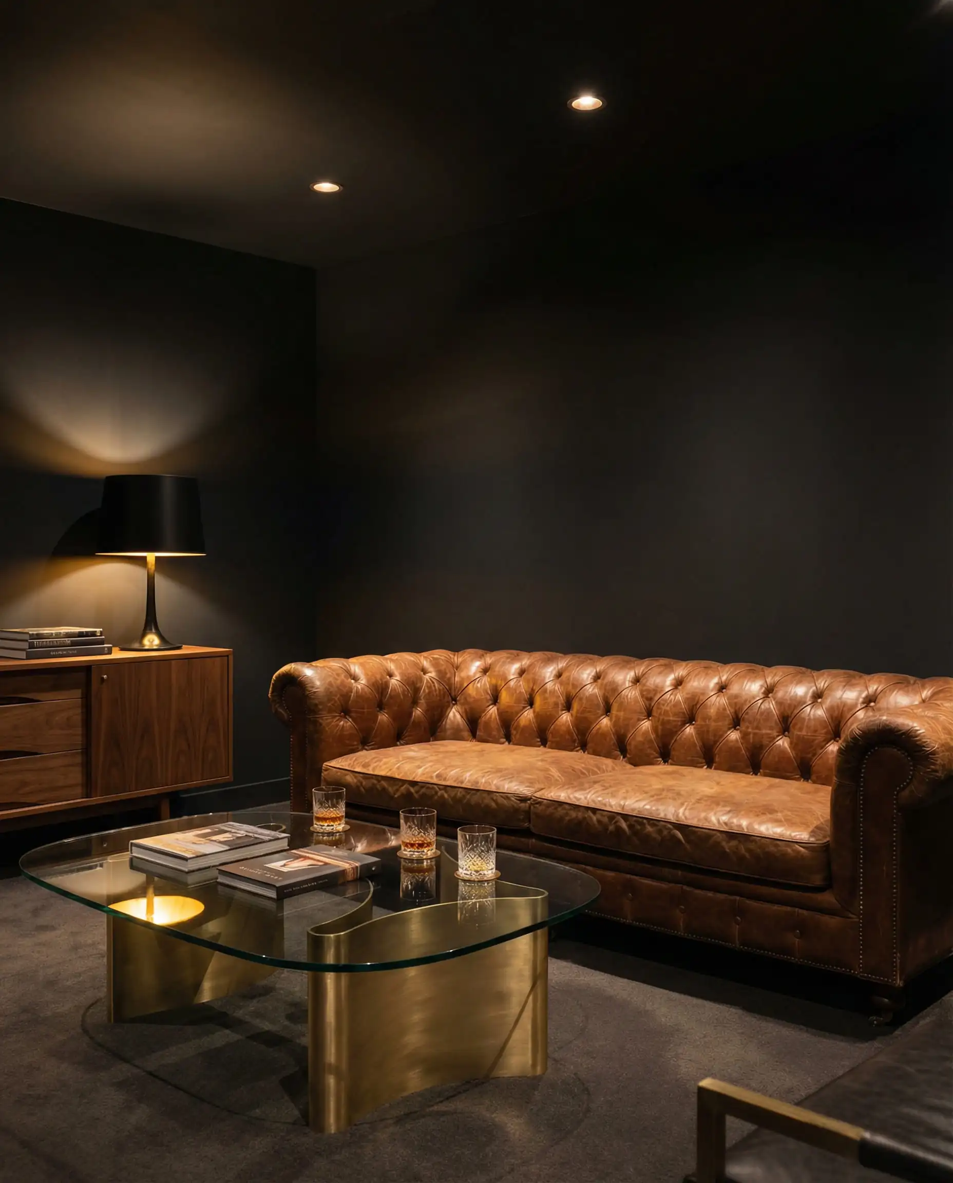 Dark moody living room with charcoal black walls and a cognac brown leather chesterfield sofa.