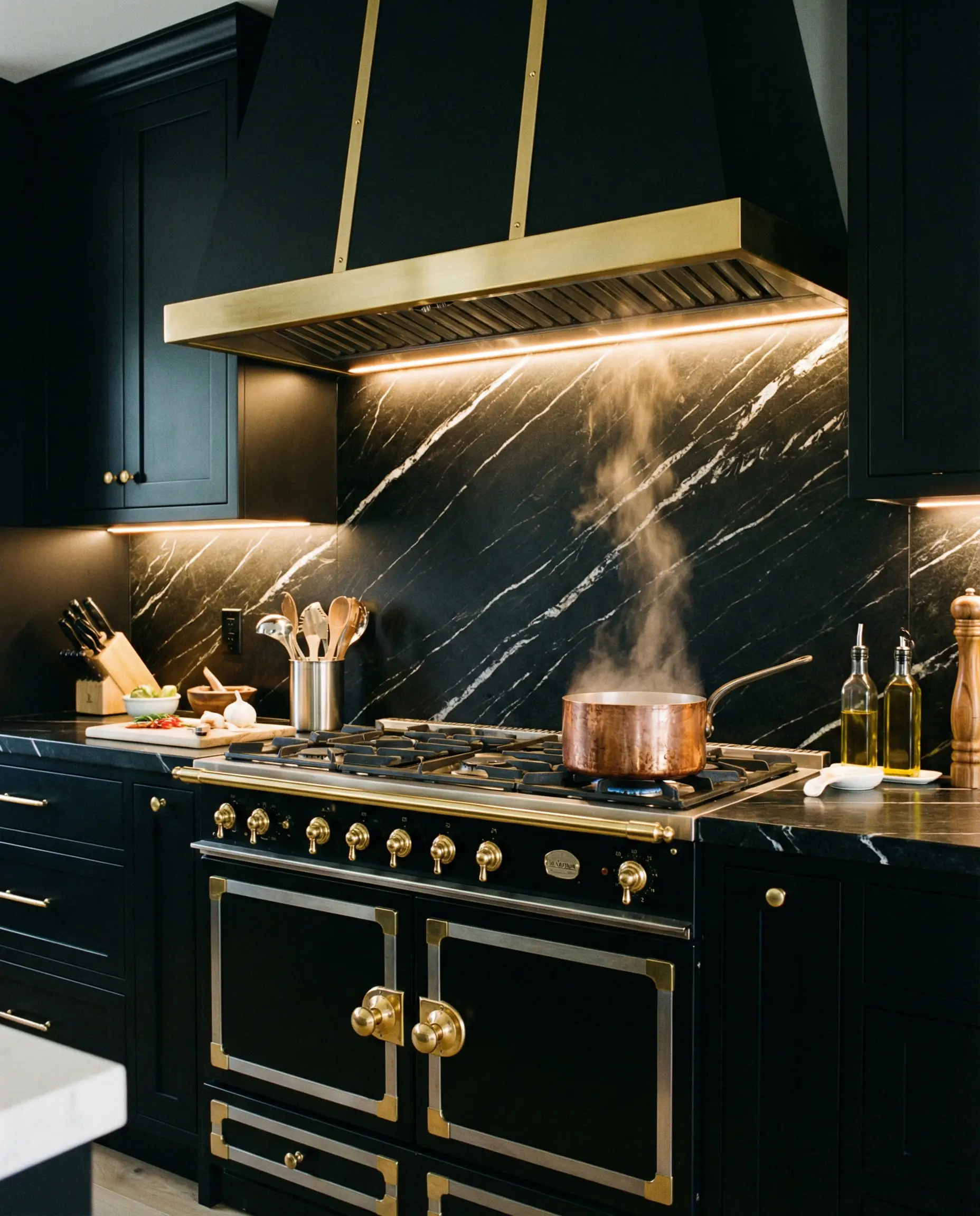 Full-height black marble backsplash behind a black and gold range cooker with white veining.