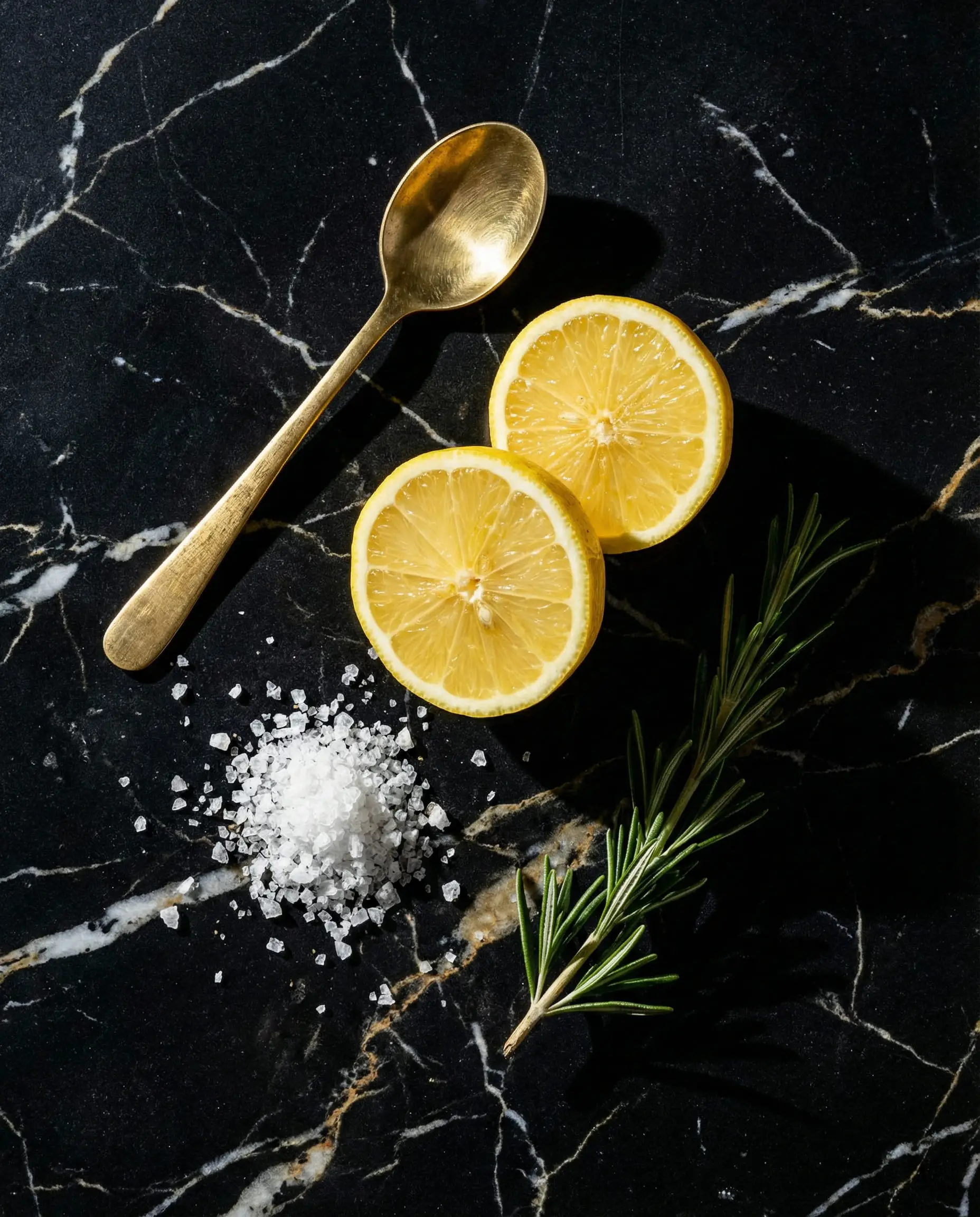 Flat lay on black marble countertop featuring a gold spoon, lemons, and sea salt to show texture contrast.