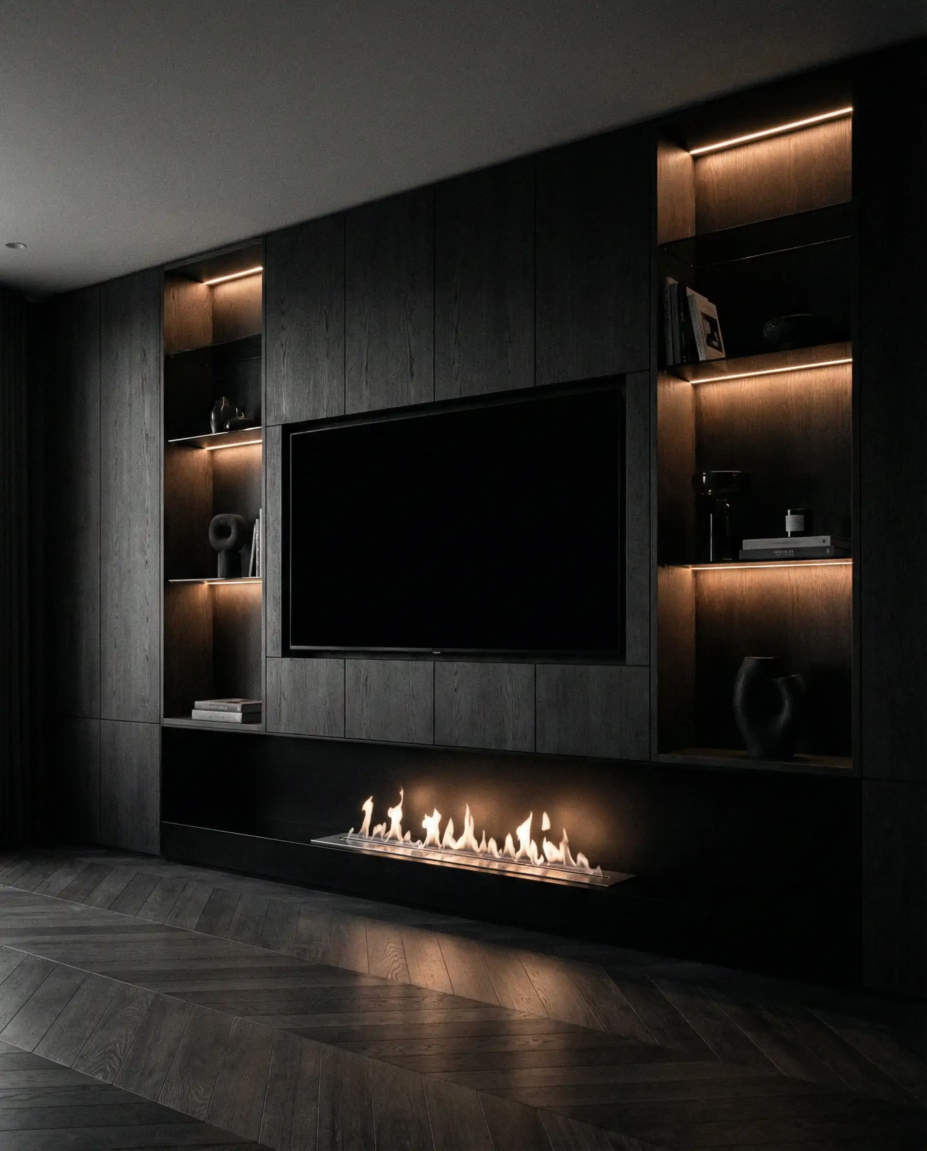 Black monochromatic media unit with amber lighting and a bio-ethanol fireplace underneath.