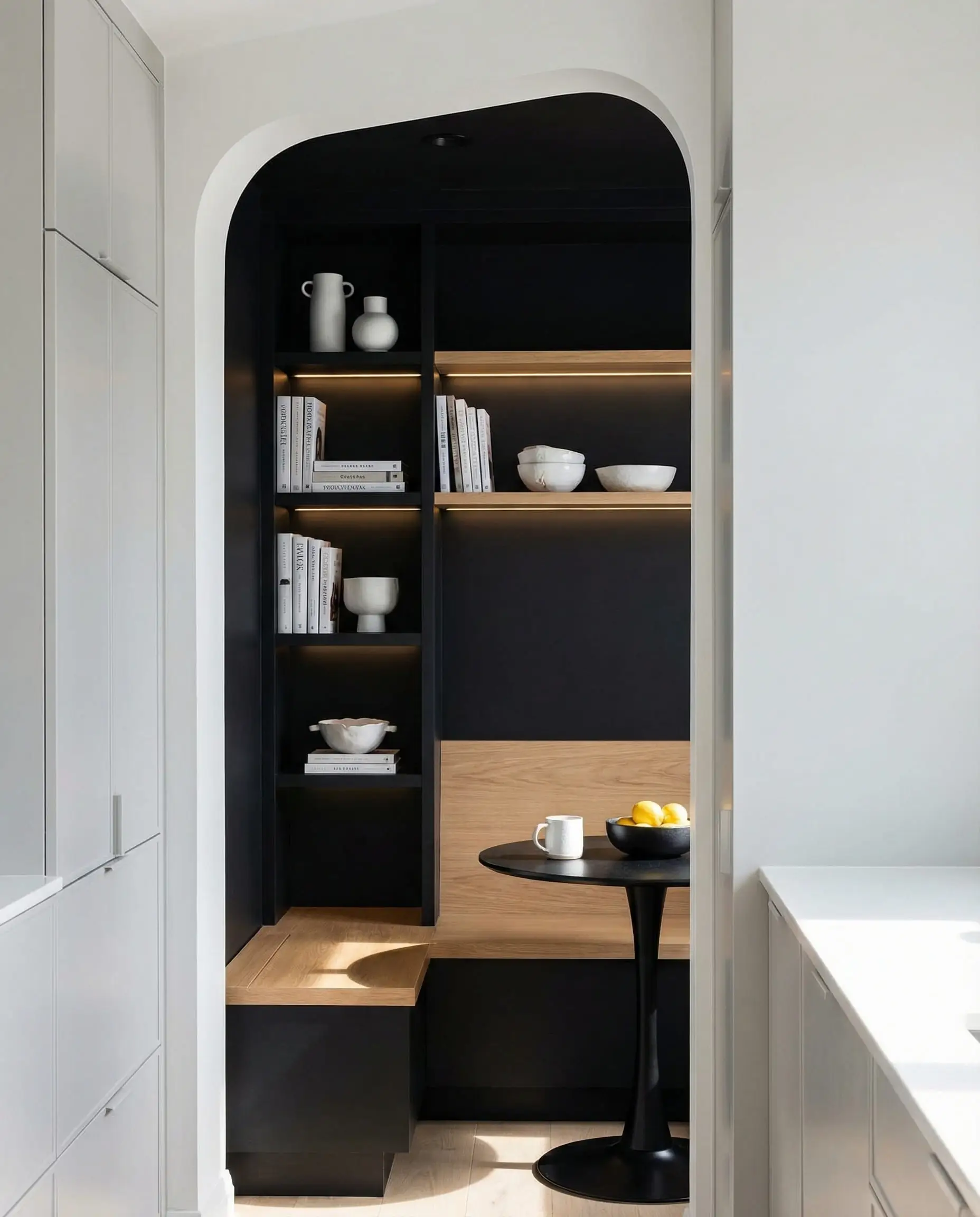 Creative color blocking showing a pantry nook painted entirely black inside a gray kitchen.