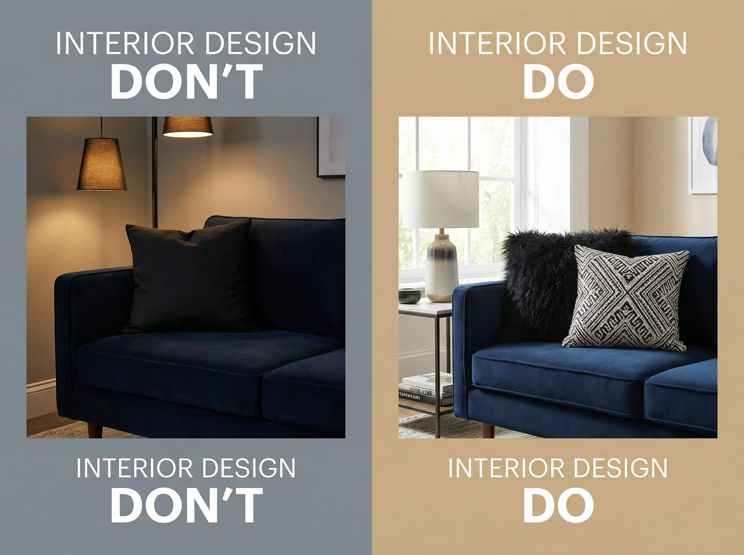 Split image comparison showing a mistake (flat black pillow on navy couch) vs the solution (textured black fur pillow on navy couch).