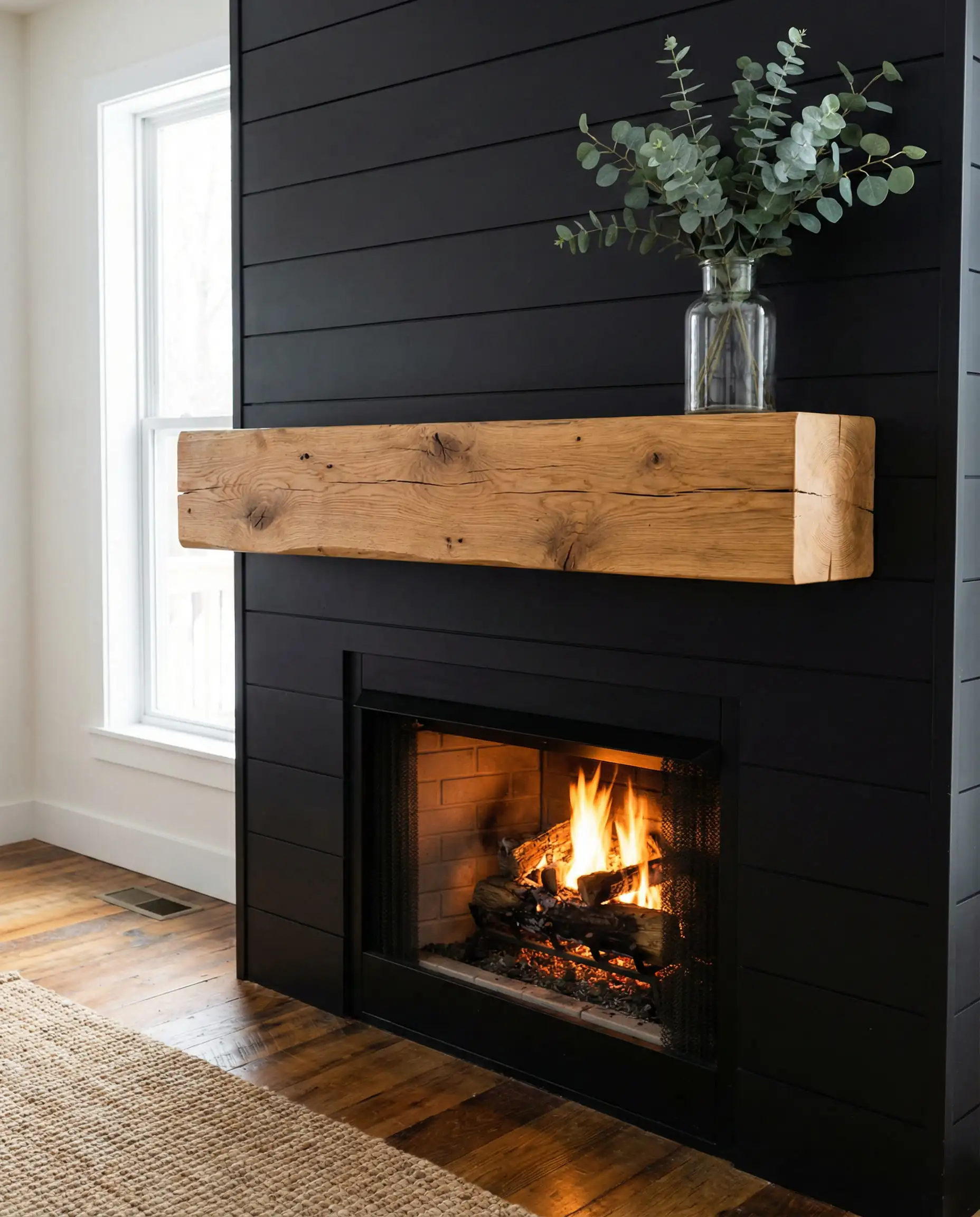 Vertical matte black shiplap fireplace with a thick, rough-hewn solid white oak beam mantel.