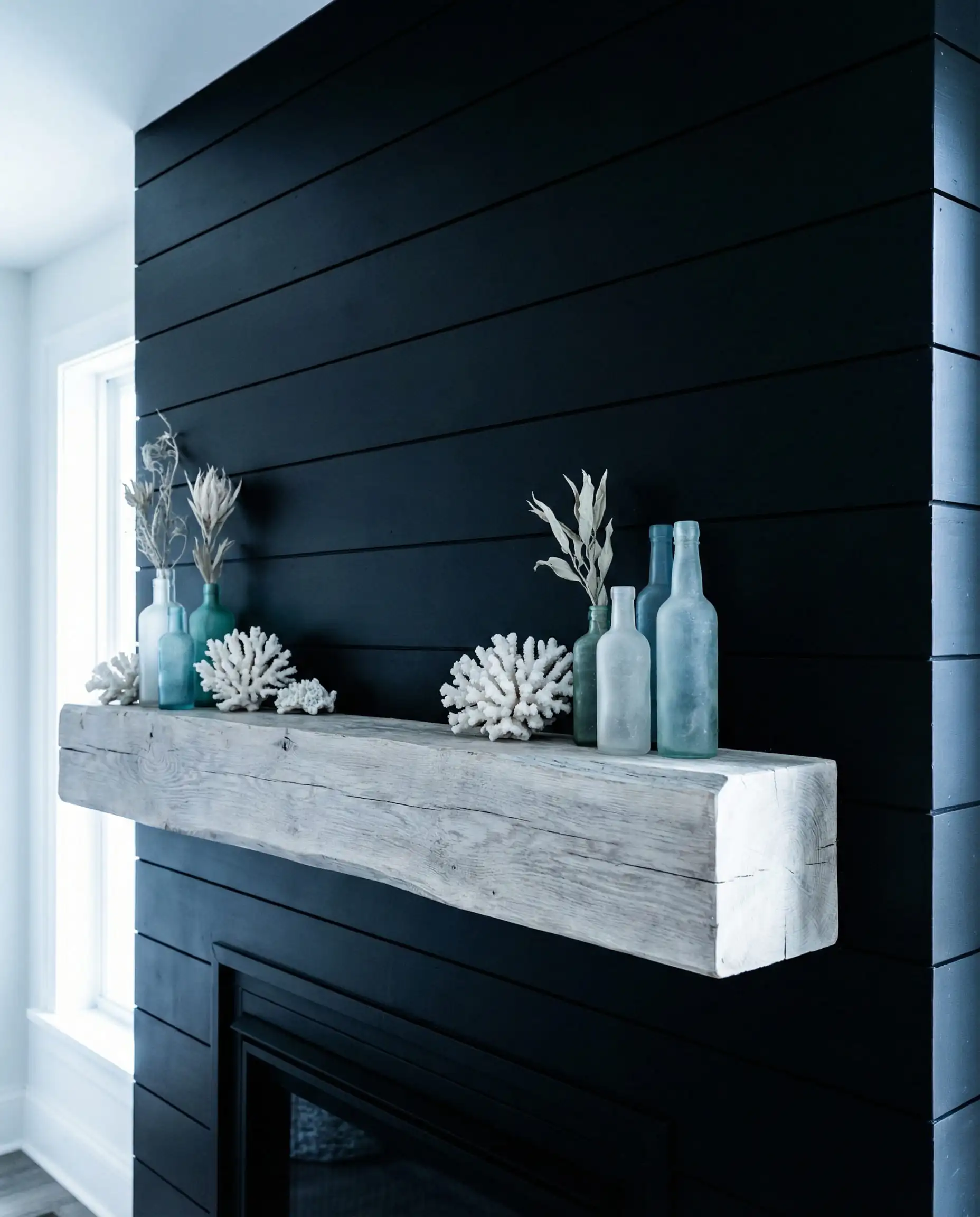 Horizontal black shiplap paired with a bleached, pale driftwood-style oak mantel.