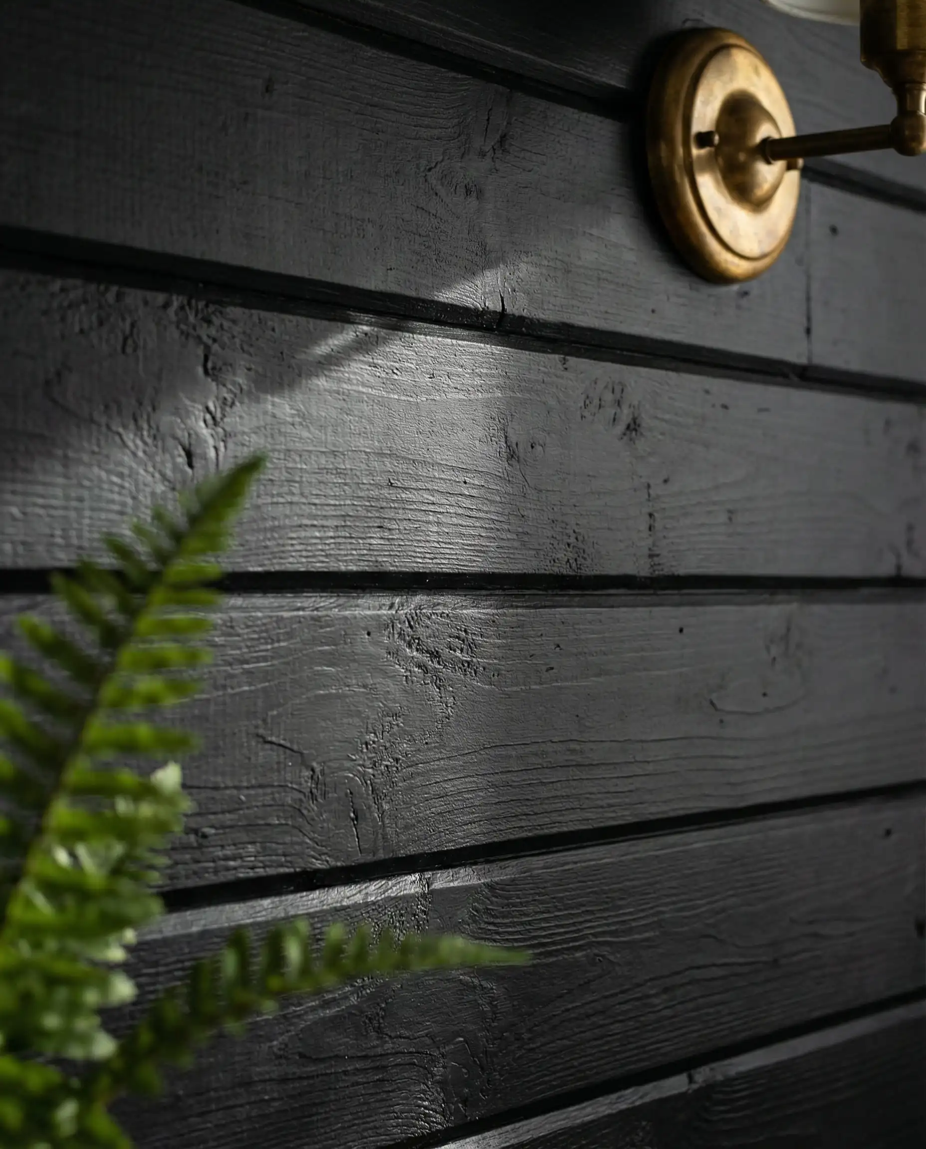 Close-up texture shot of horizontal matte black shiplap showing the nickel gap channel and wood grain details.