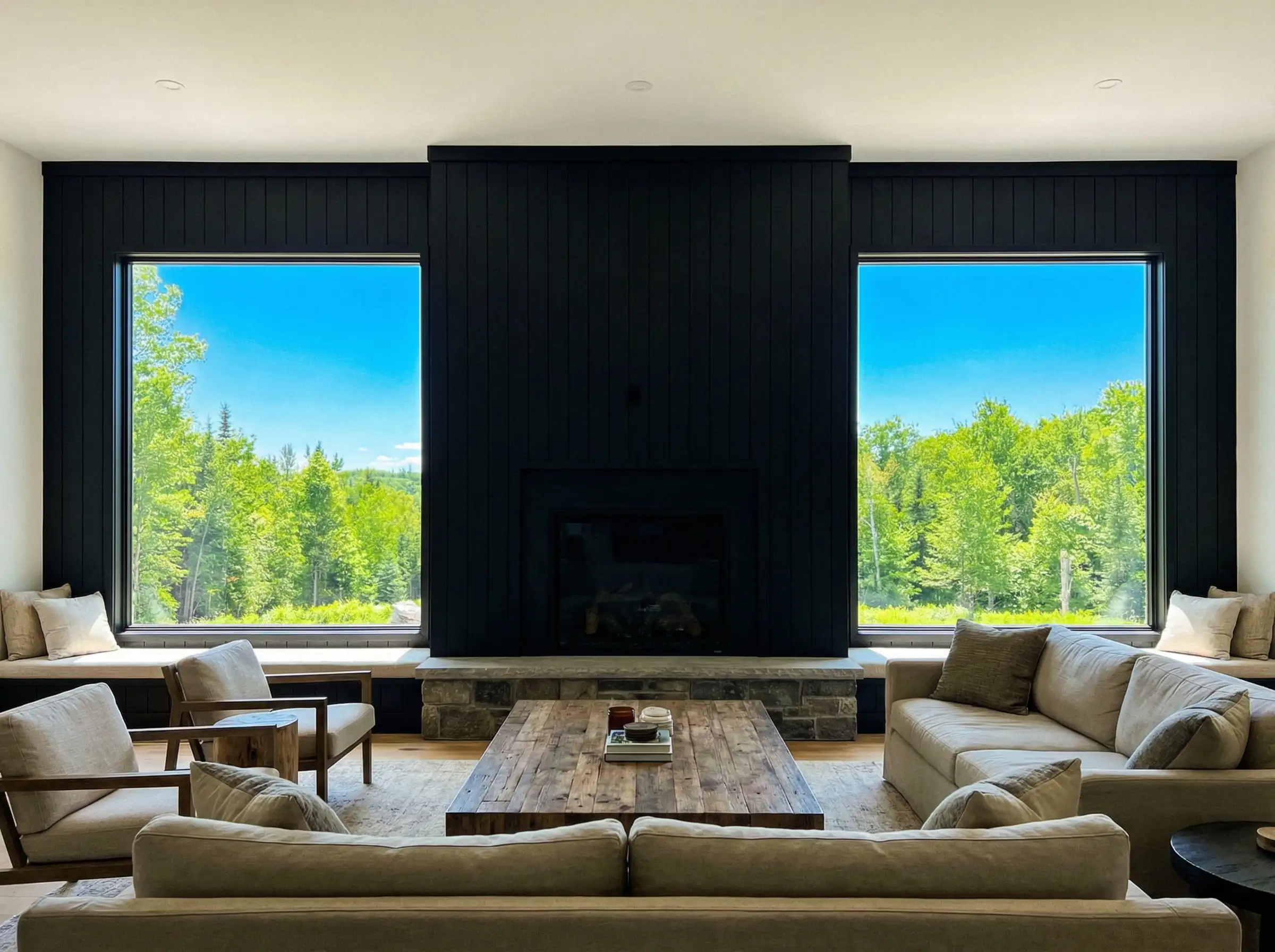Living room with vertical black shiplap wall wrapping around large windows framing the view.