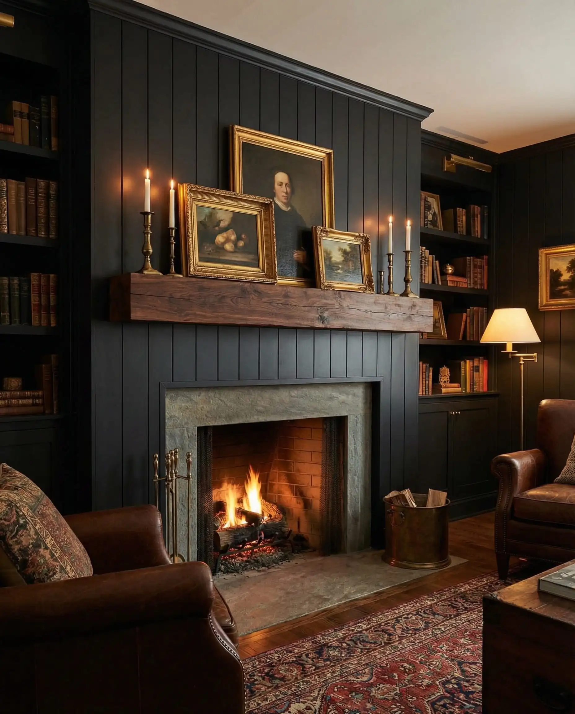 Vertical black shiplap paired with a warm, chocolate-toned American Walnut mantel.