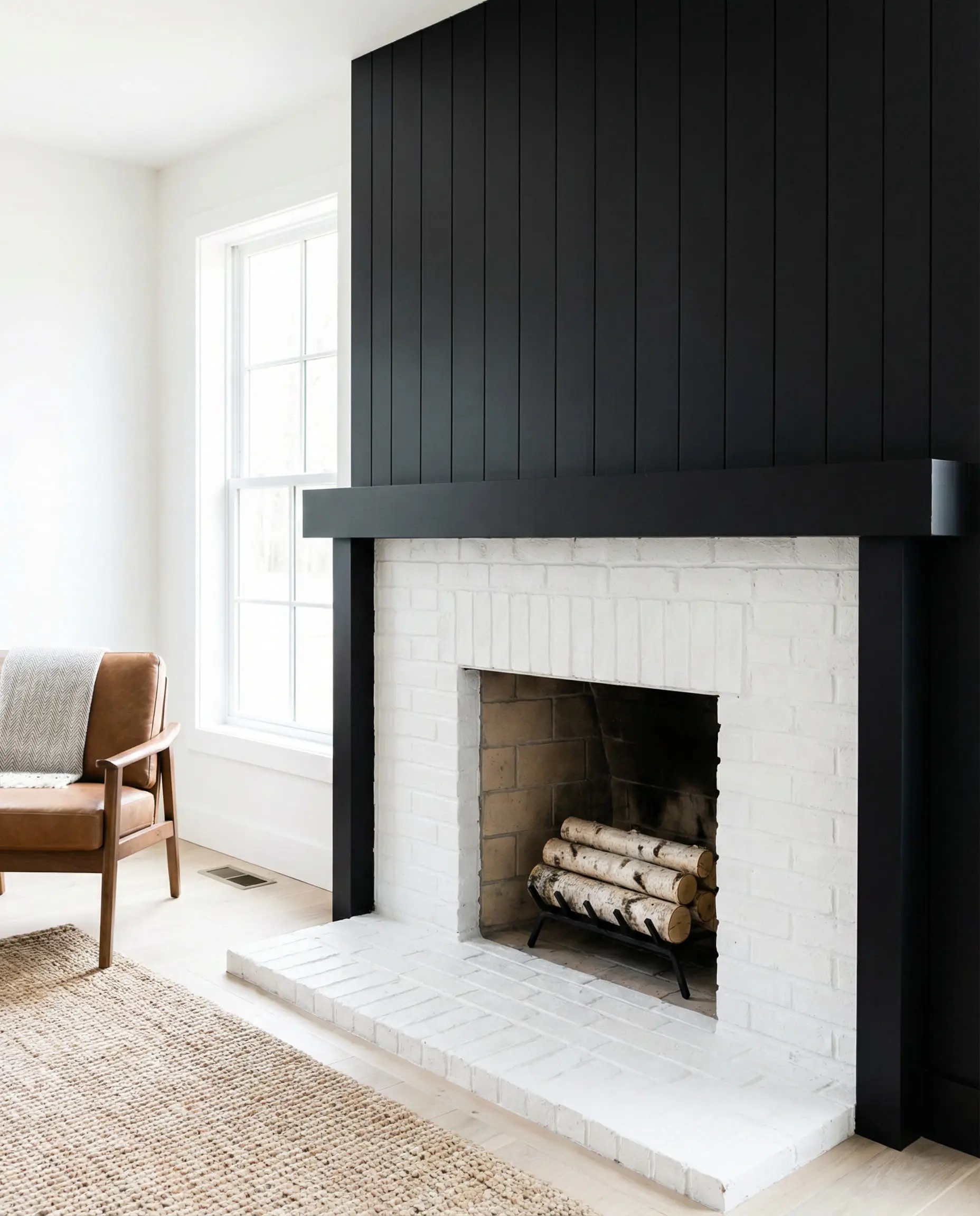 Two-tone fireplace with black shiplap top and white-washed brick bottom.