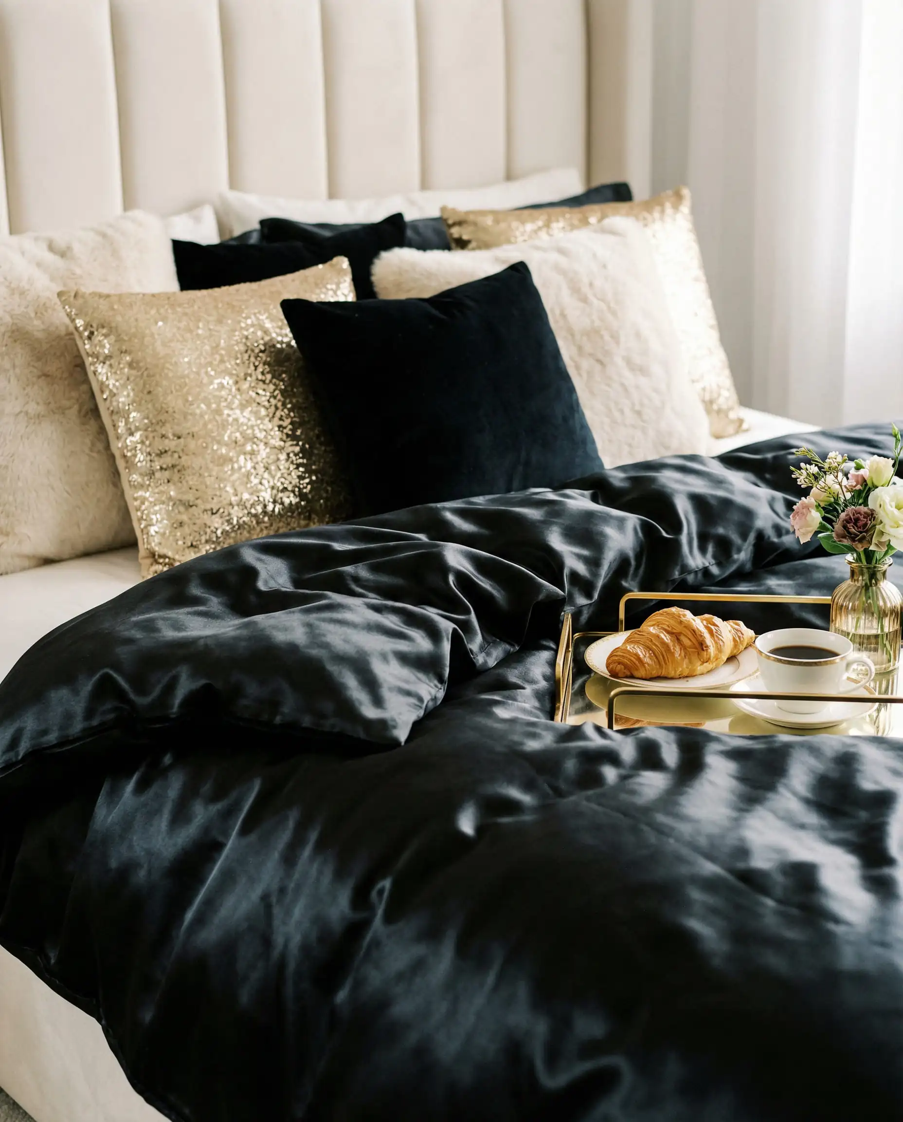 Luxurious bedroom styling with black silk duvet and textured gold throw pillows.