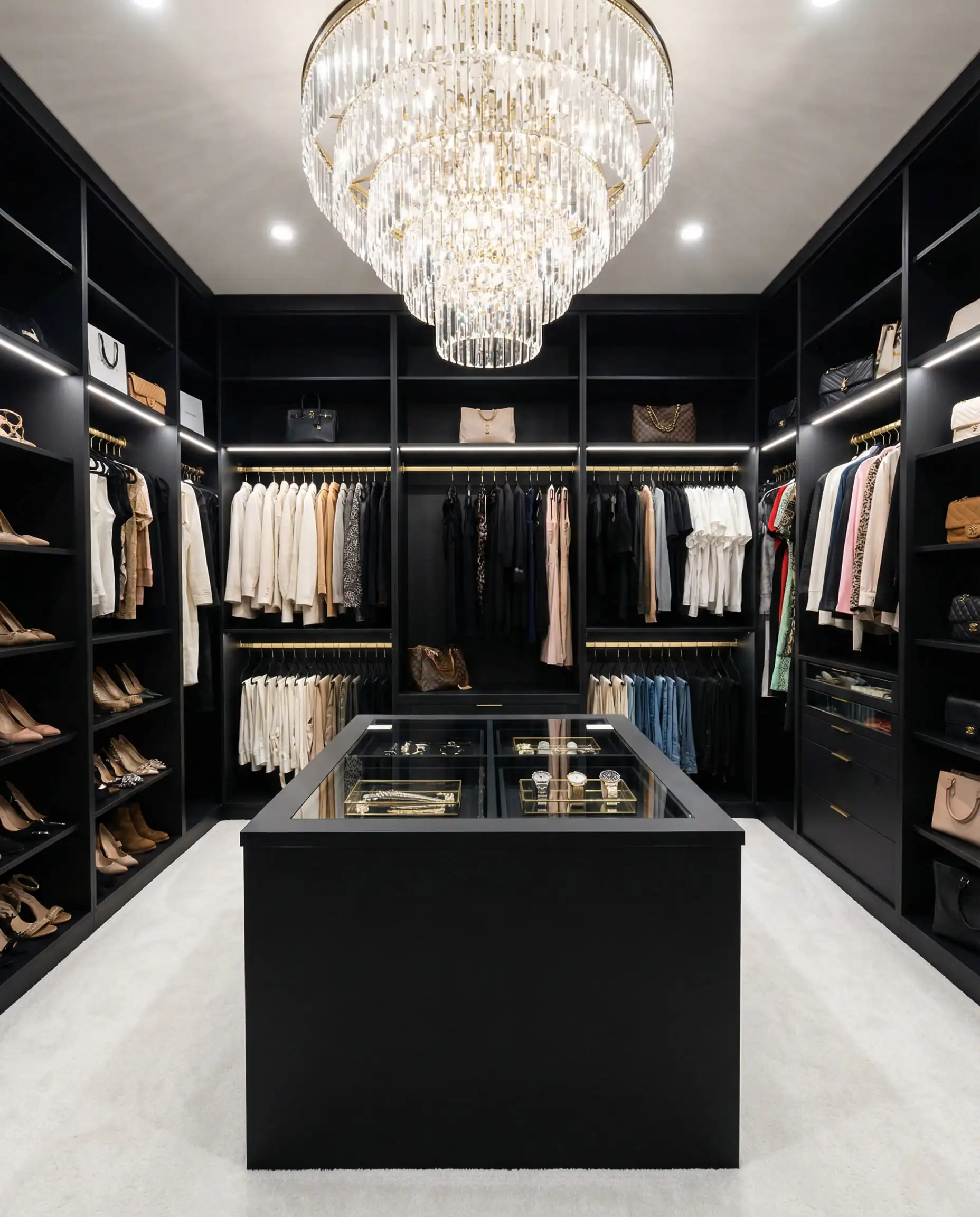 Boutique-style walk-in closet with black shelving, gold rails, and LED lighting.