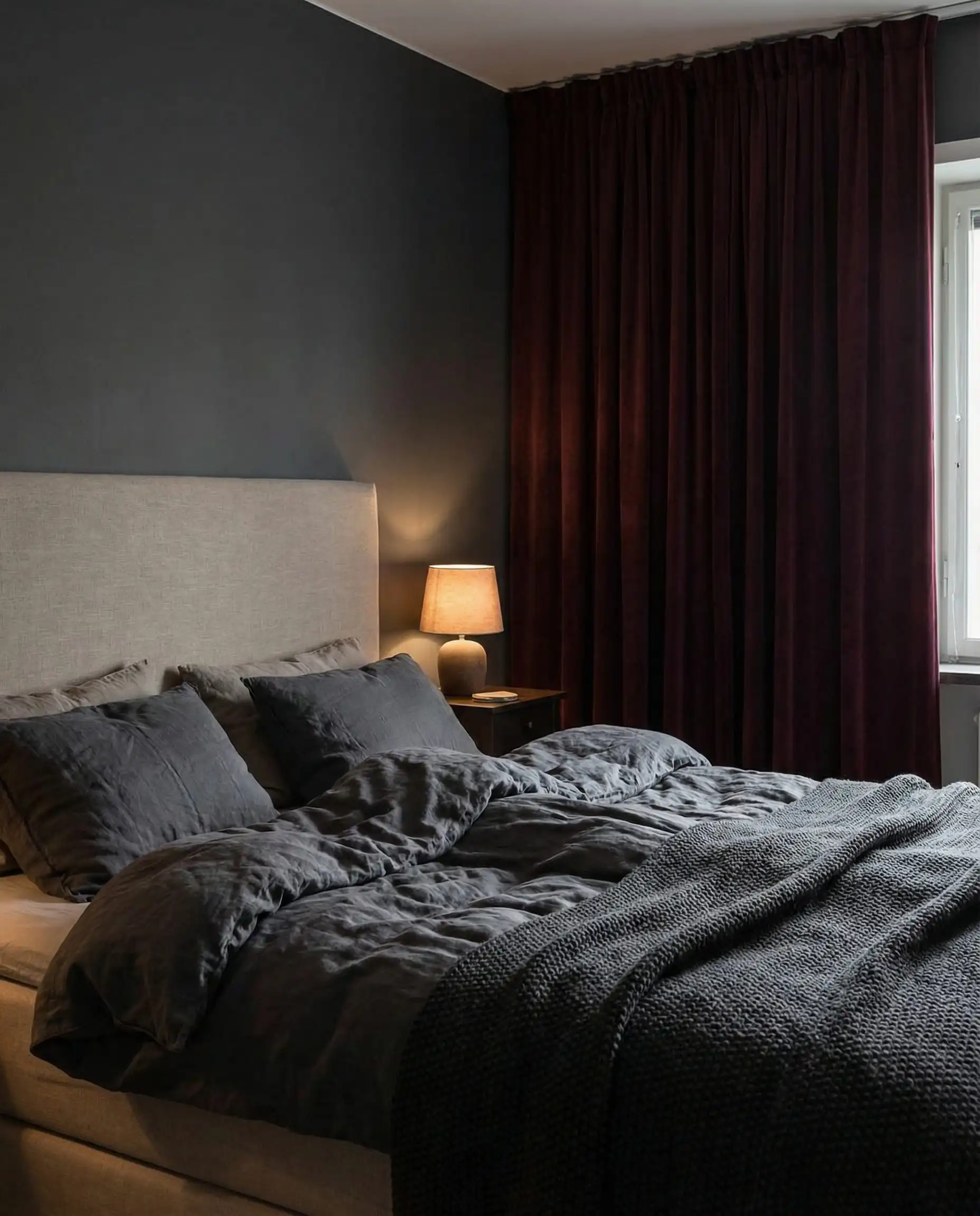 Moody dark blue bedroom featuring blackout burgundy velvet curtains and unmade linen bedding.