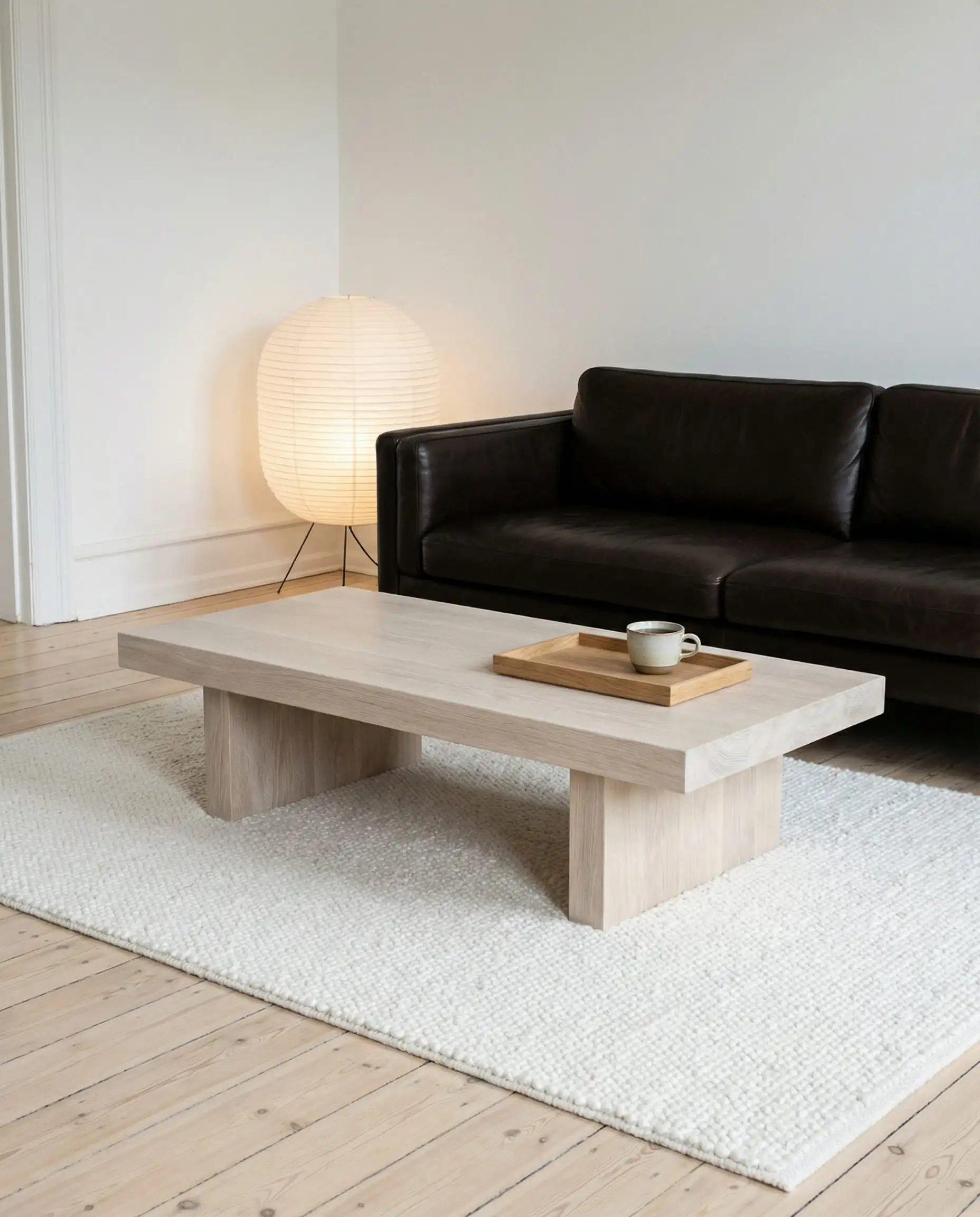 Chunky low-profile bleached white oak coffee table on a white boucle rug, contrasting against a dark chocolate brown leather sofa.