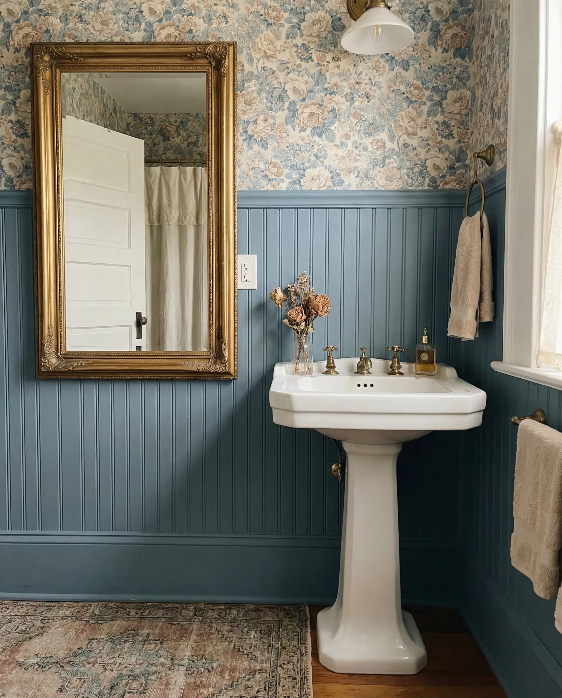 Cottage style bathroom with dusty blue painted beadboard paneling and vintage floral wallpaper.