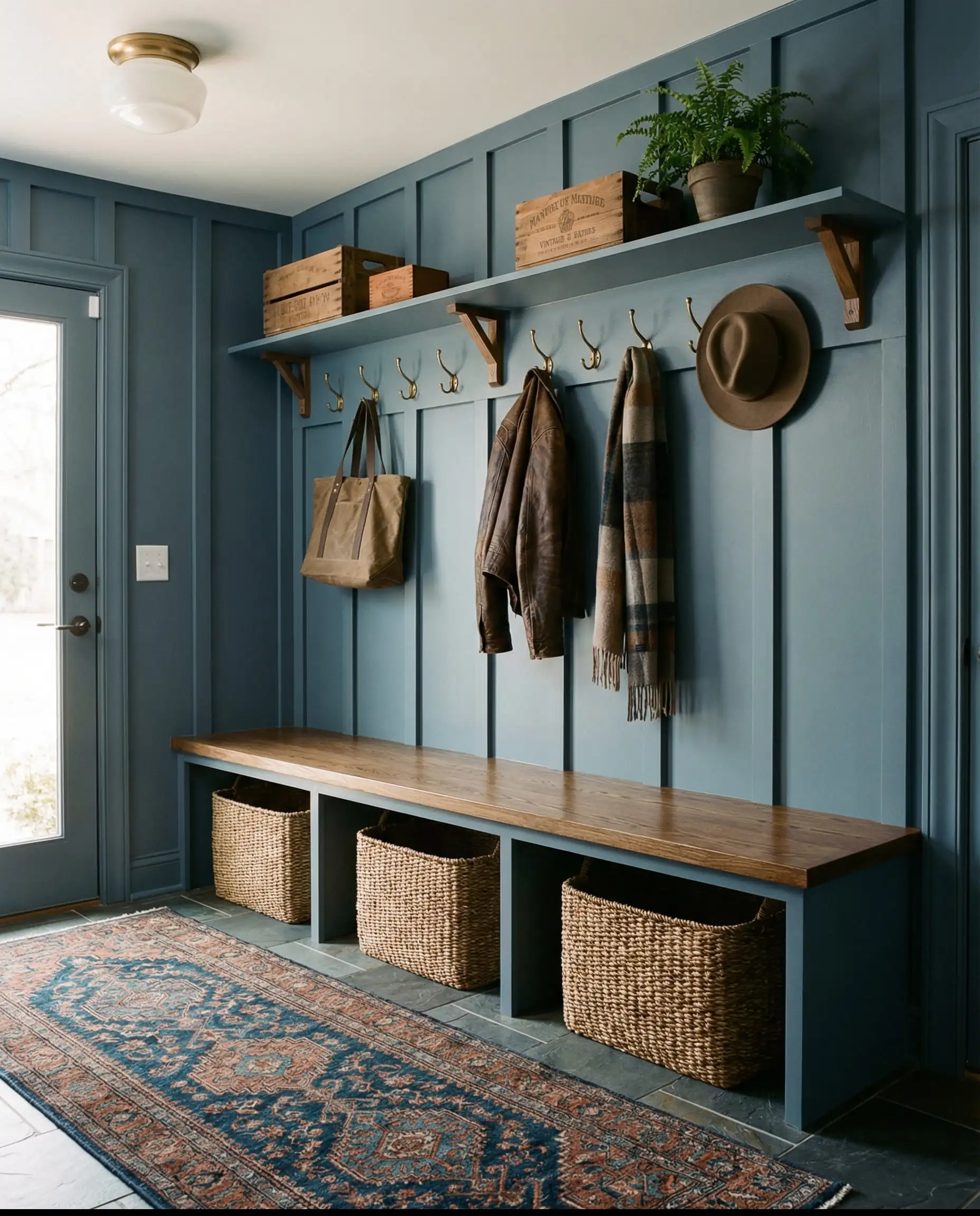 Slate blue entryway mudroom with full height board and batten, built-in wooden bench, and storage cubbies.