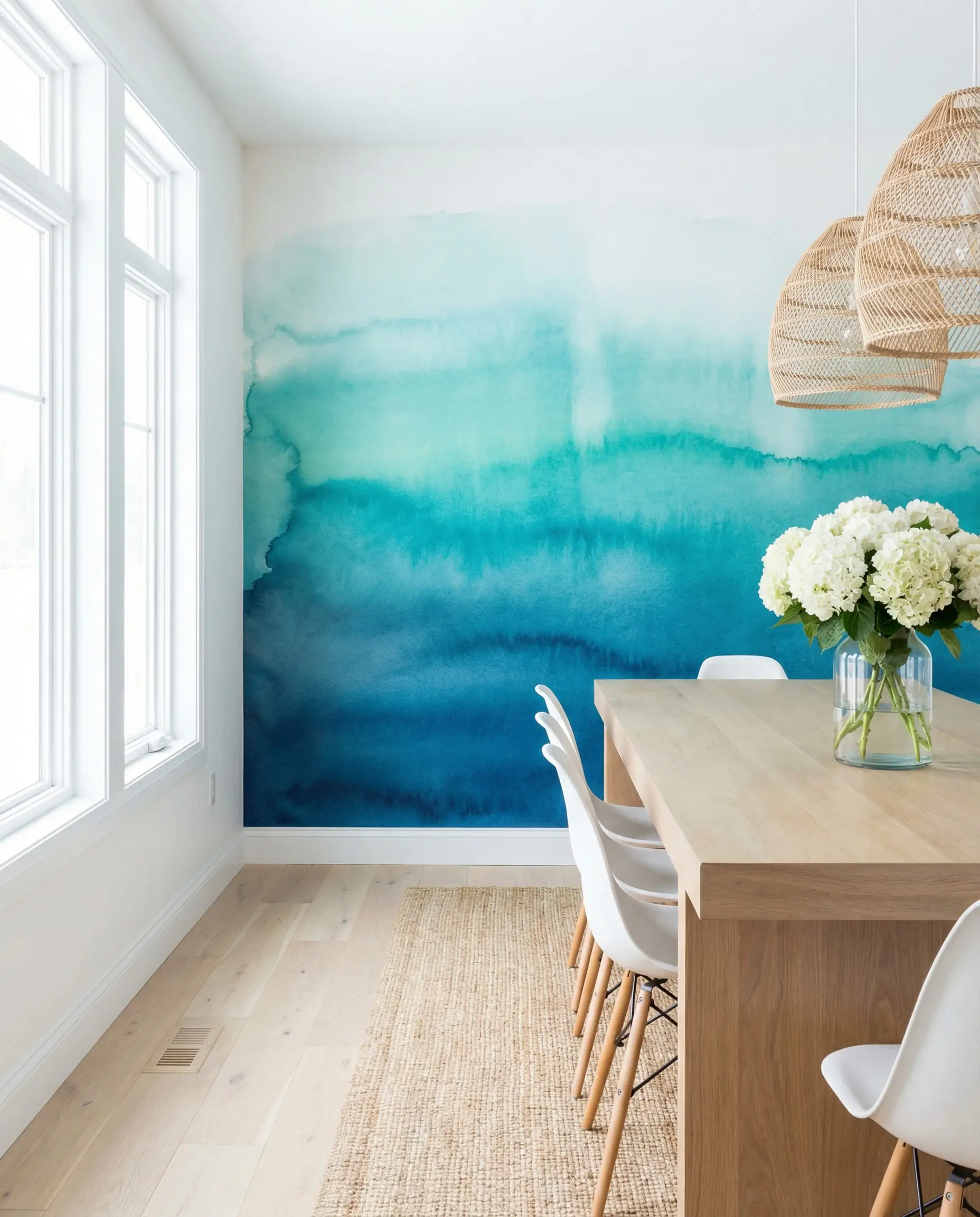 Coastal modern dining room with a custom wallpaper mural resembling a giant blue and teal watercolor wash.
