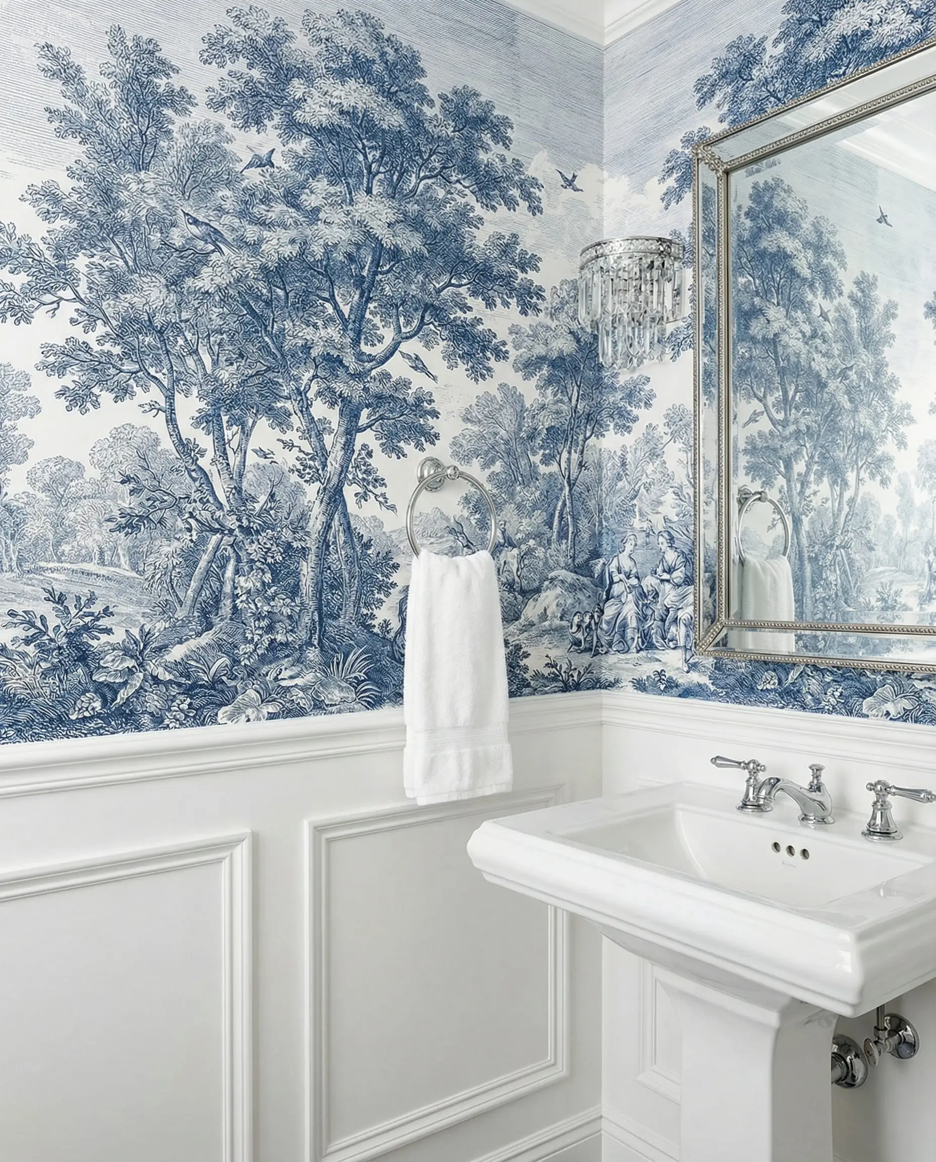 Elegant powder room with blue and white Toile de Jouy landscape wallpaper and wainscoting.