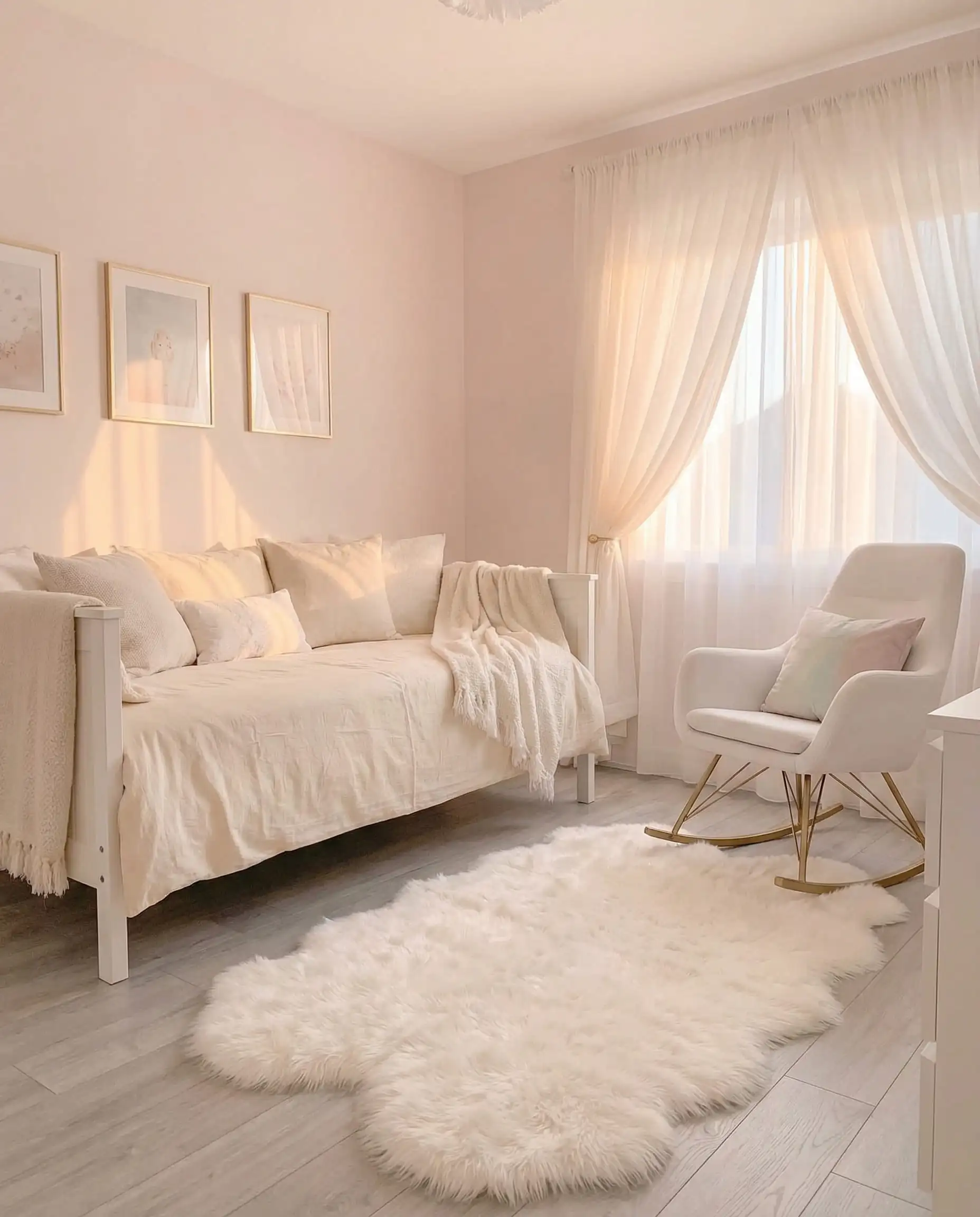 Gentle nursery with blush pink First Light walls, light gray matte wood floors, and white modern furniture.
