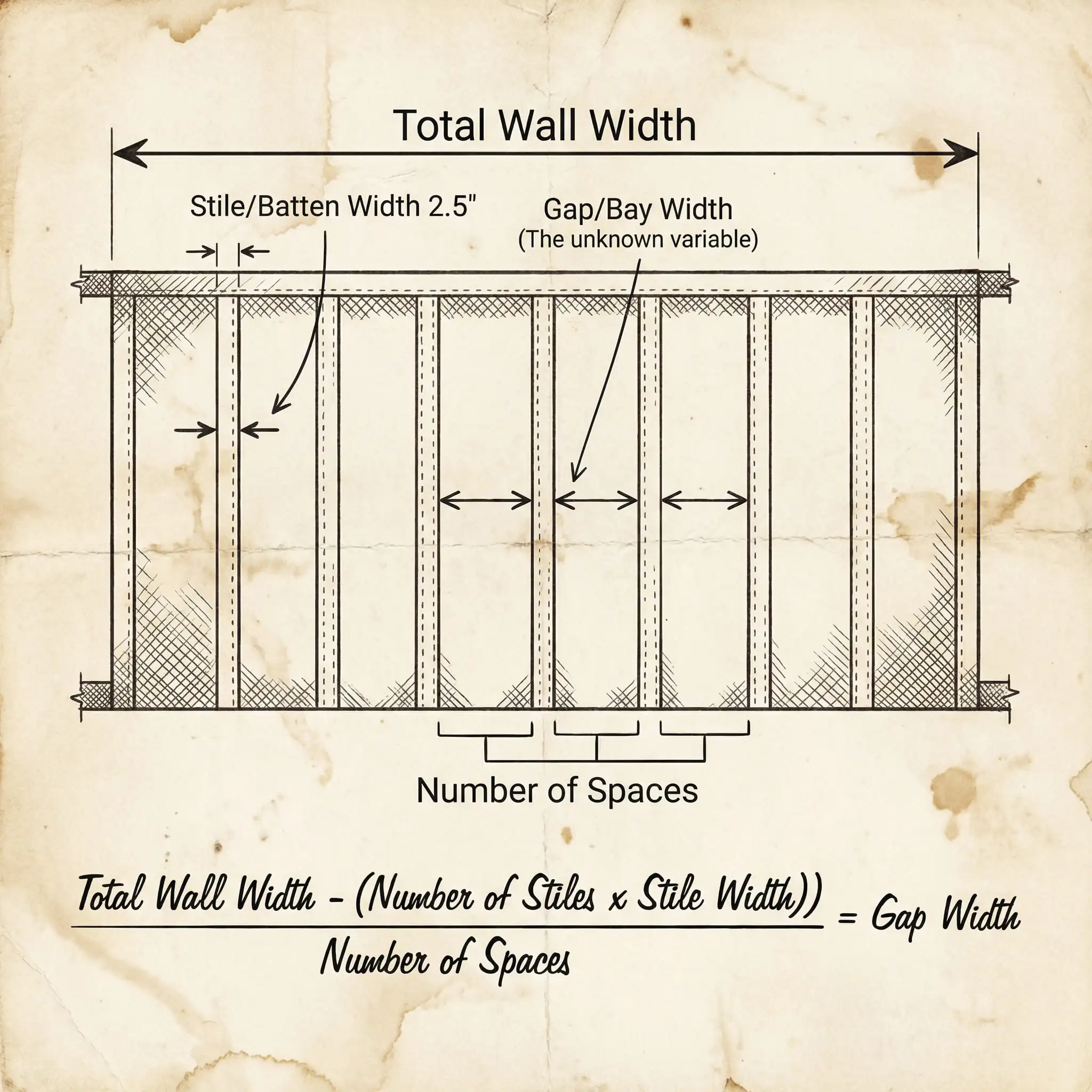 Hand-drawn diagram showing the formula to calculate board and batten spacing: Wall Width minus Stiles divided by Spaces.
