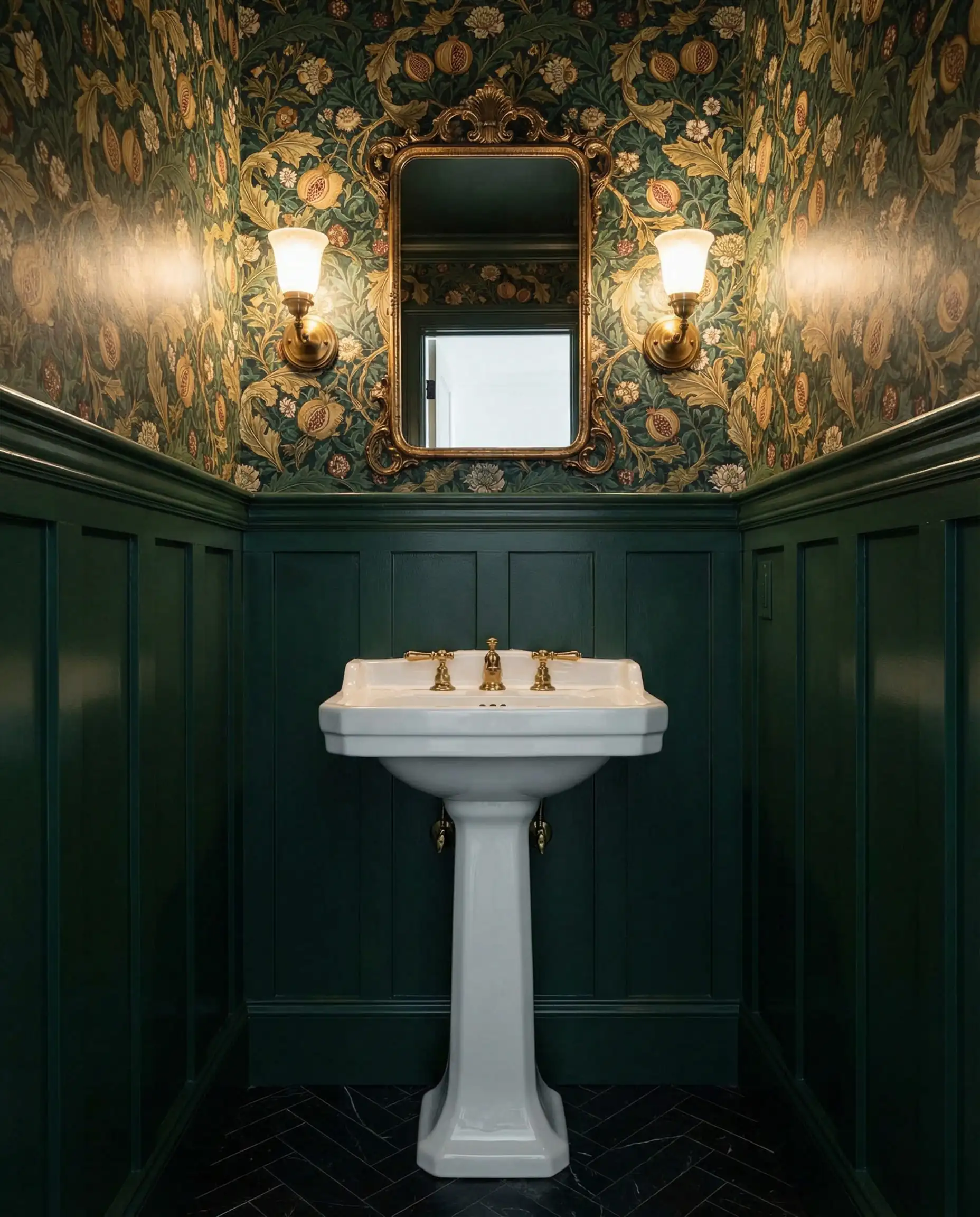 Elegant powder room with dark green board and batten wainscoting on the bottom and floral wallpaper on top.