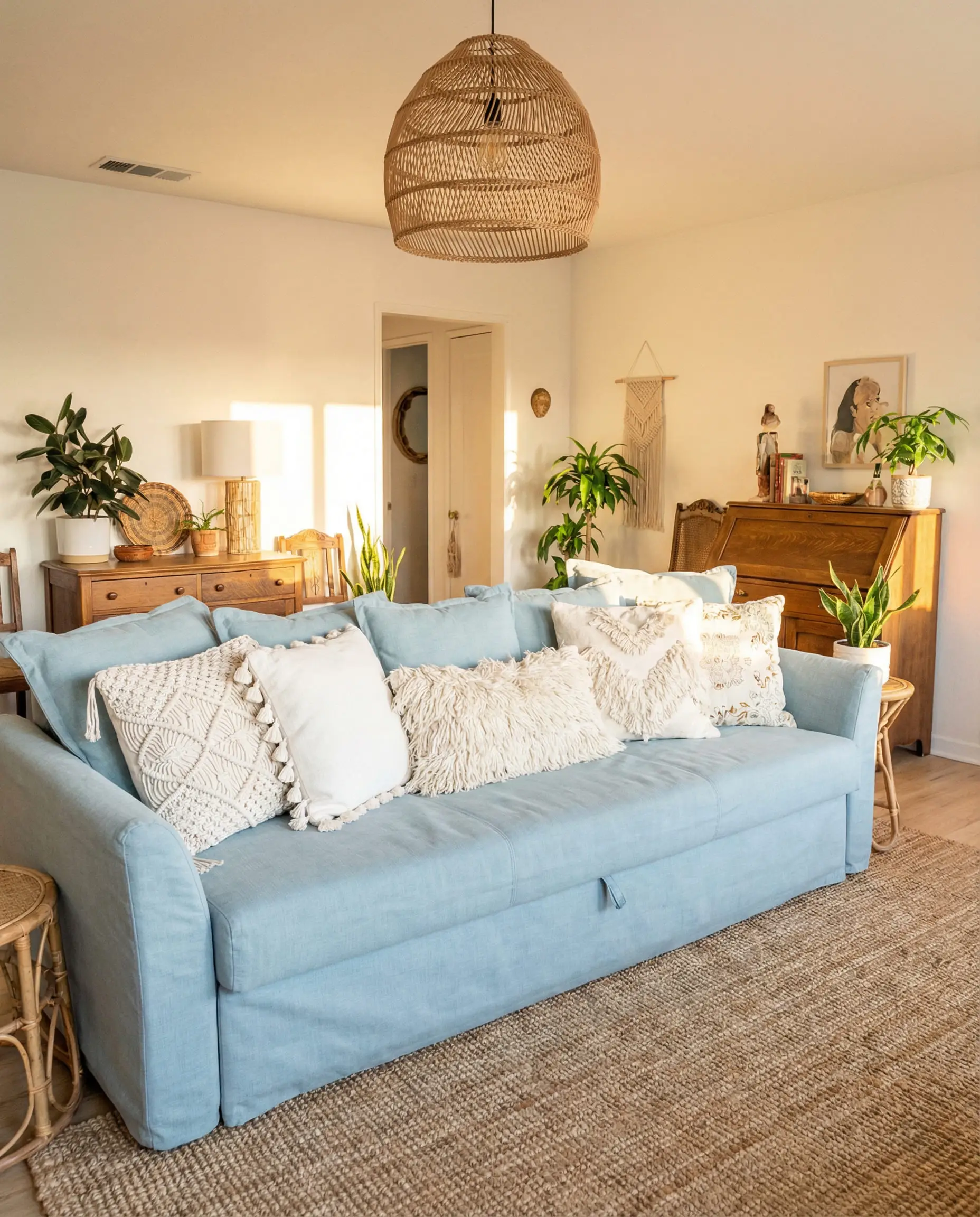 Bohemian style light blue couch featuring textured white macramé and tassel pillows.
