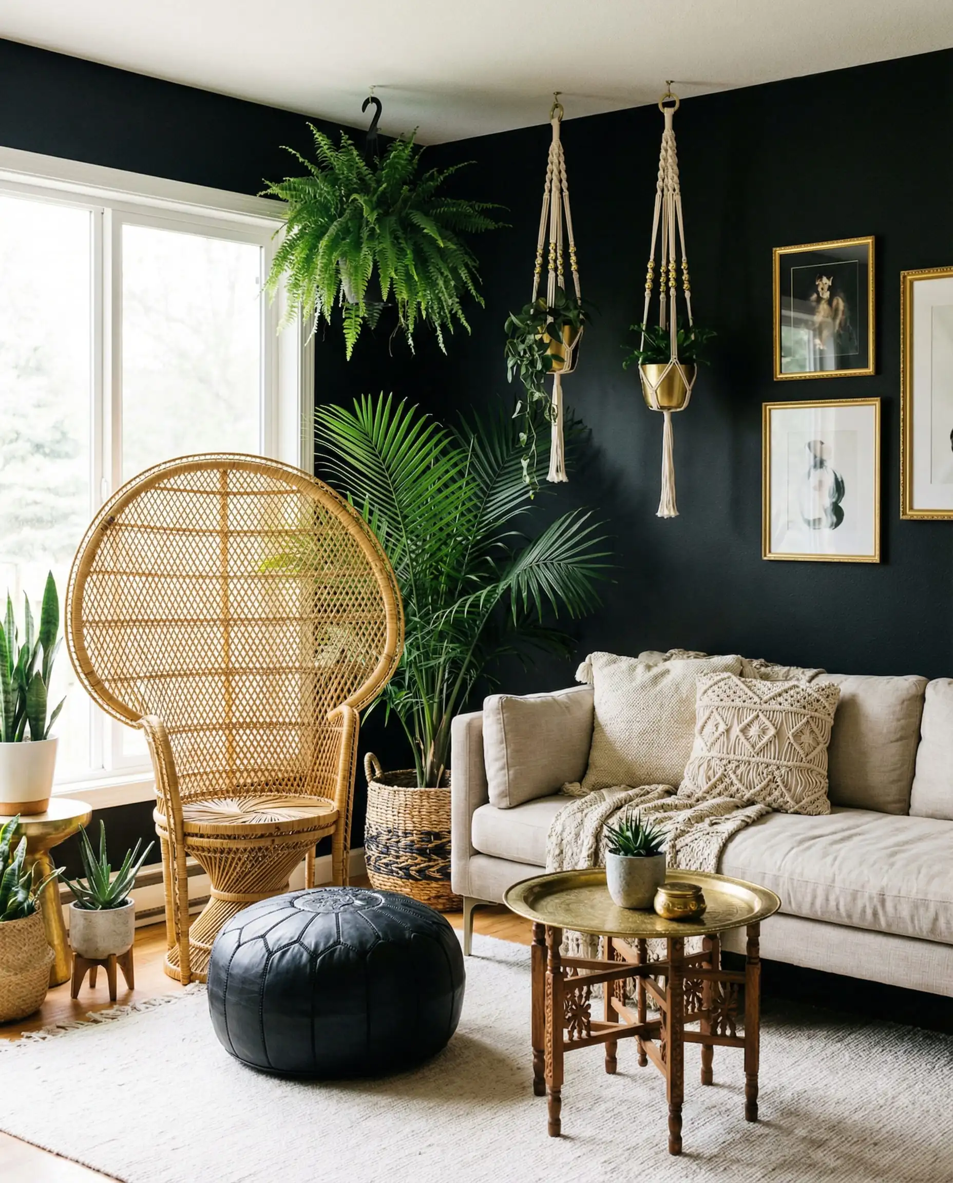 Bohemian living room with black walls, rattan furniture, and hanging gold macramé plants.