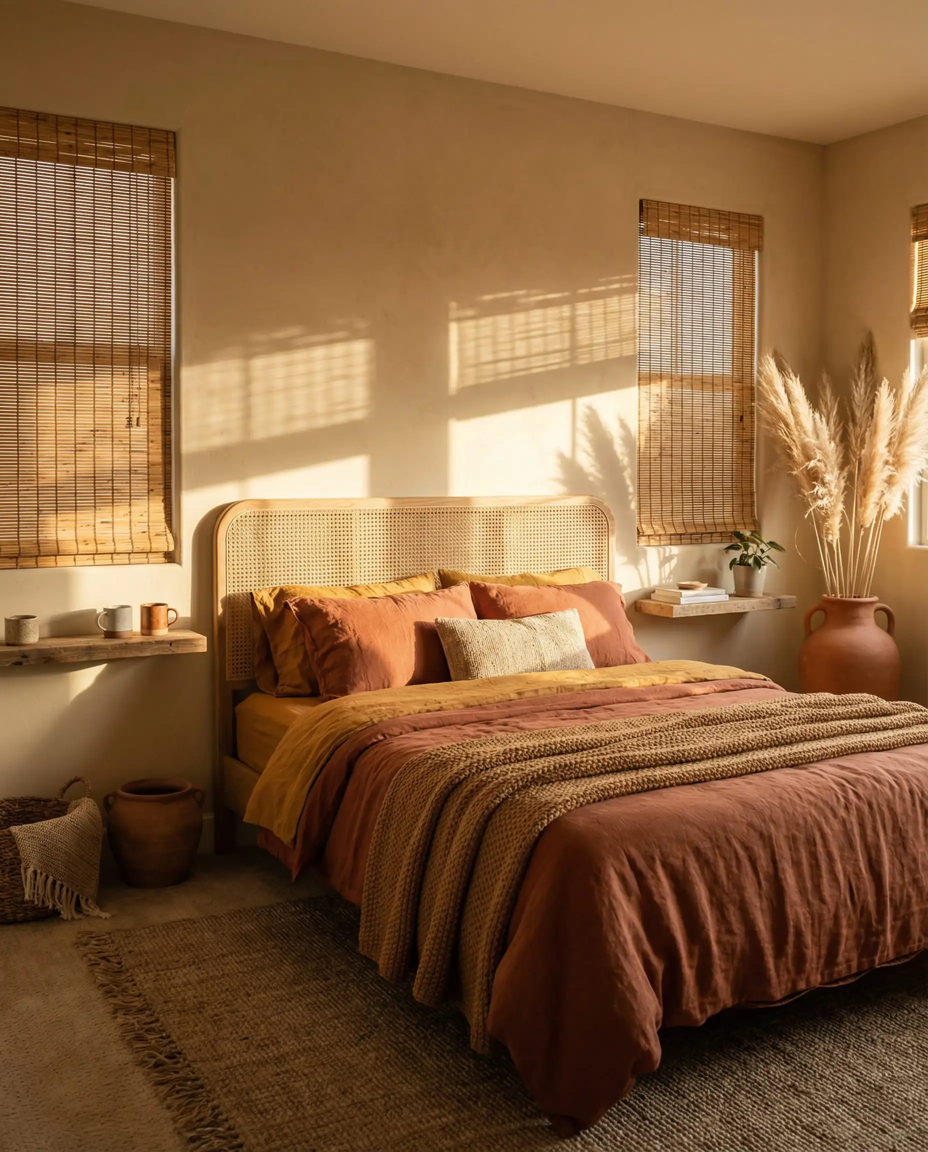 Boho style small bedroom featuring a rattan headboard and space-saving floating shelf nightstands.