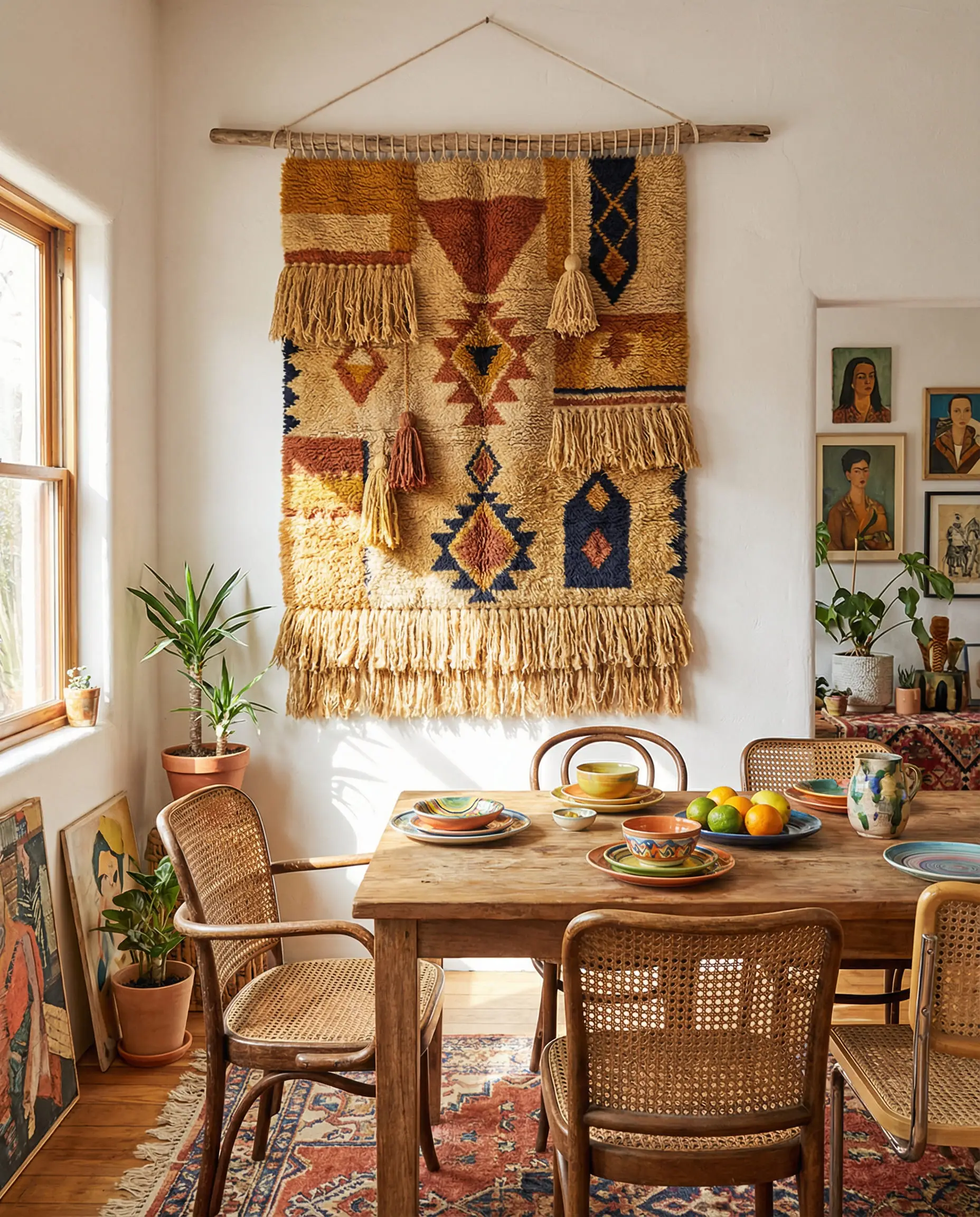 Boho-chic dining room featuring a massive wool tapestry with tassels and geometric patterns hanging on a white plaster wall.