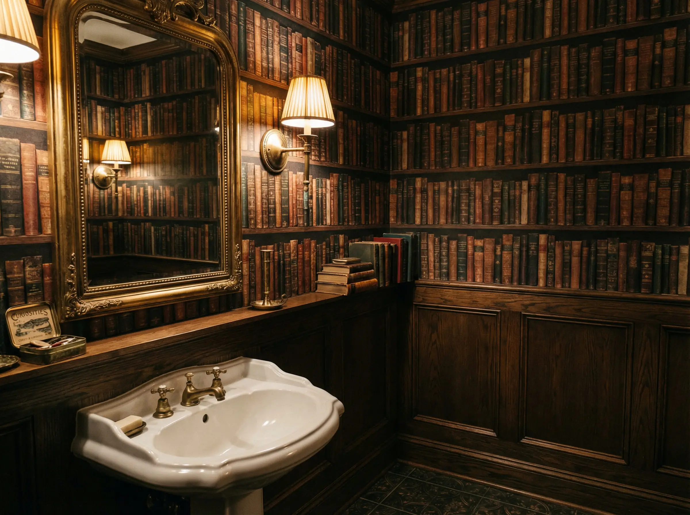 Cozy guest bathroom featuring realistic library bookshelf wallpaper.