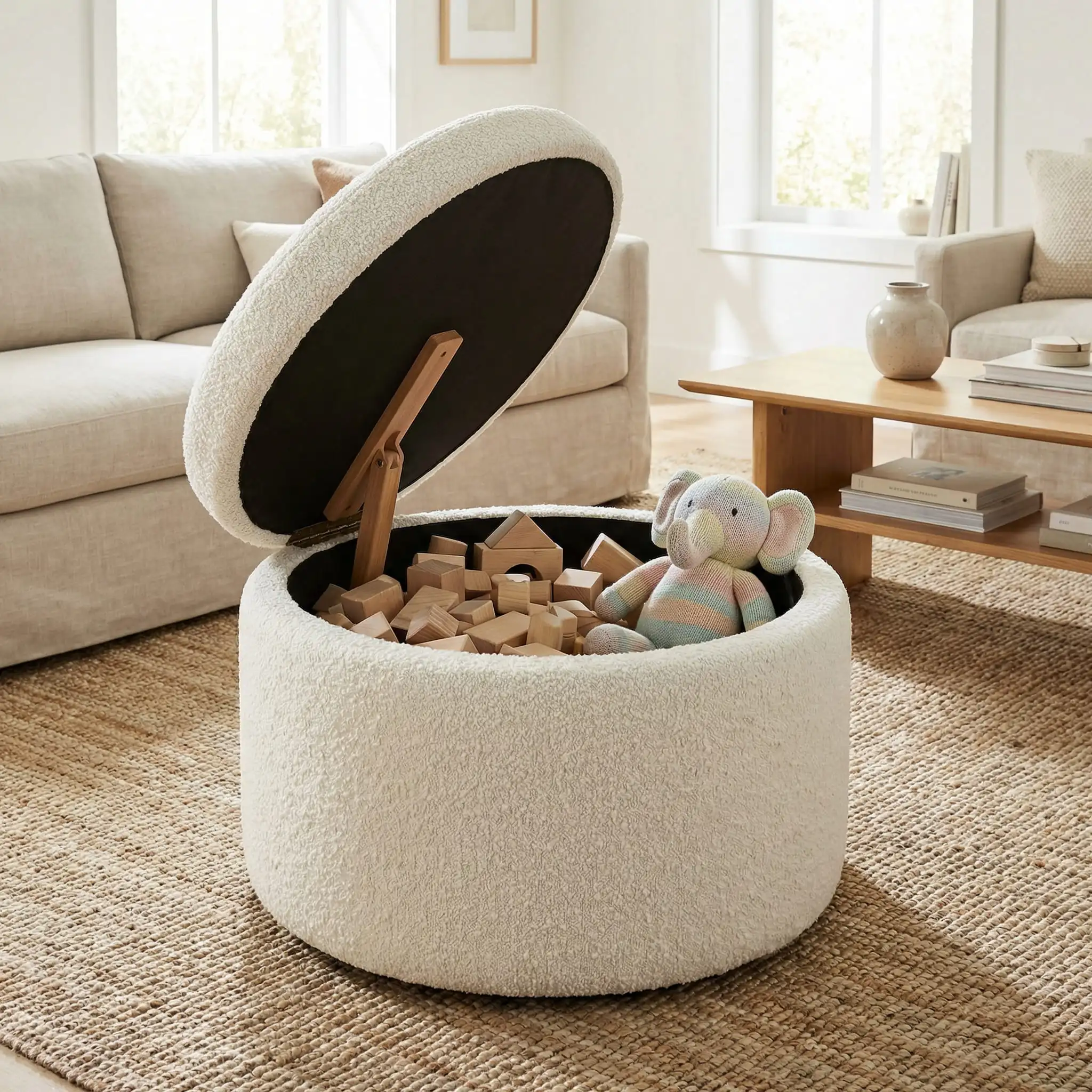 Round white boucle storage ottoman with lid open showing children's wooden toys inside.