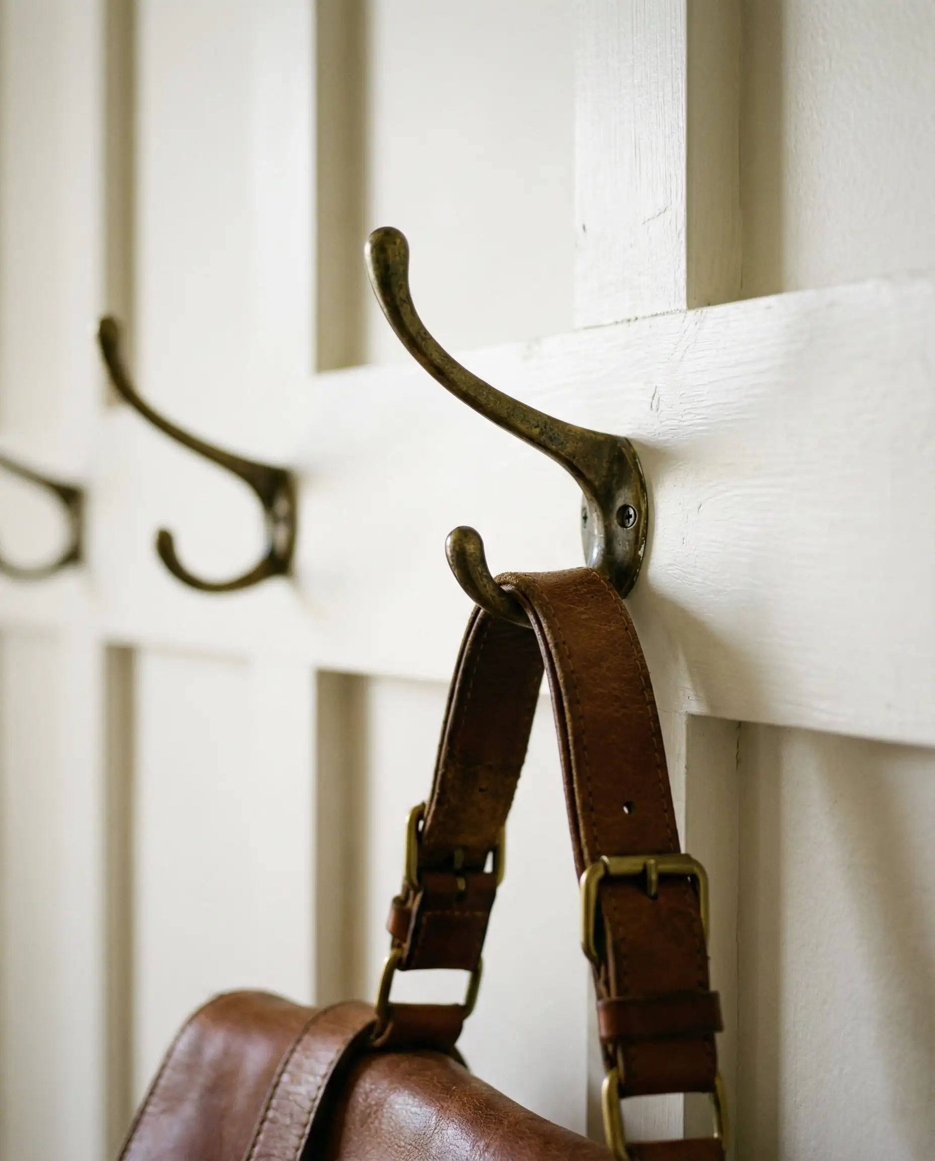 Close up detail of antique brass double hooks mounted on a chunky white board and batten top rail.