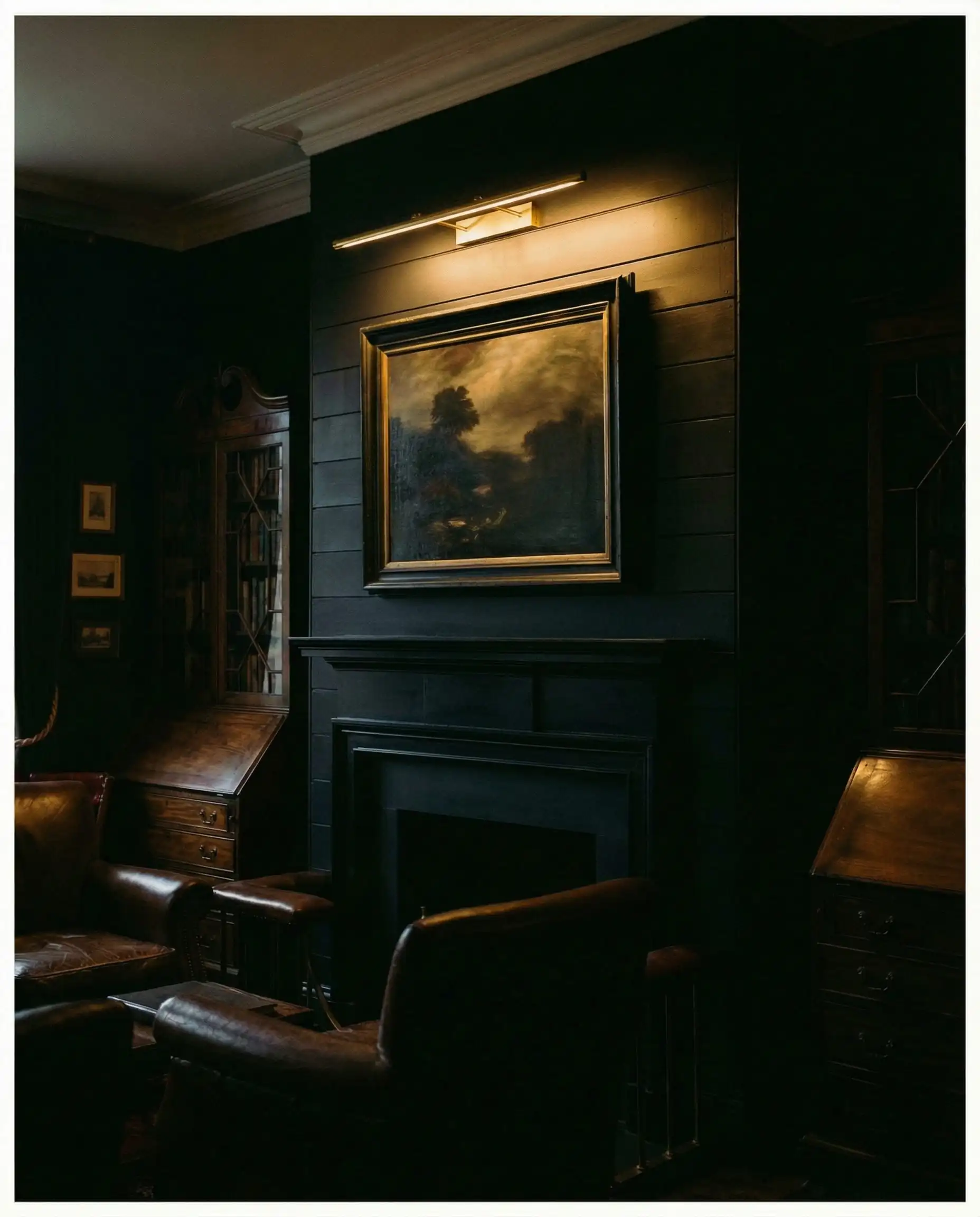 Atmospheric evening shot of a brass picture light illuminating art on a black wall.