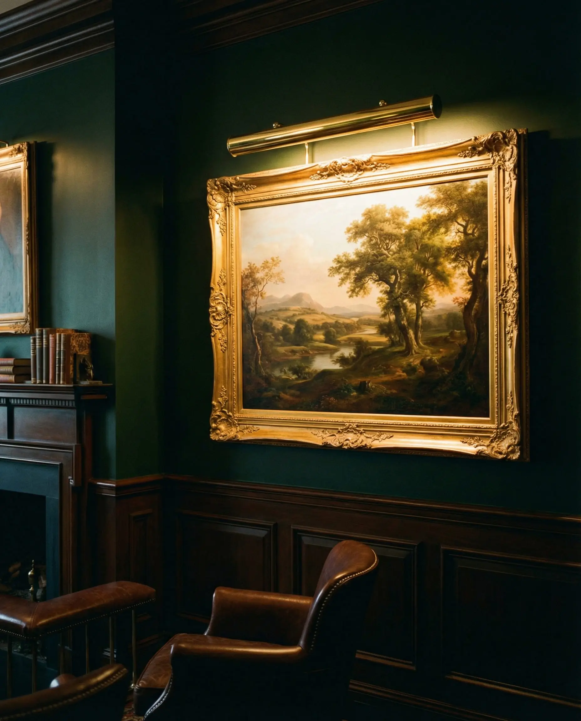 Classic dining room with a hardwired brass picture light mounted above a gold-framed oil painting.