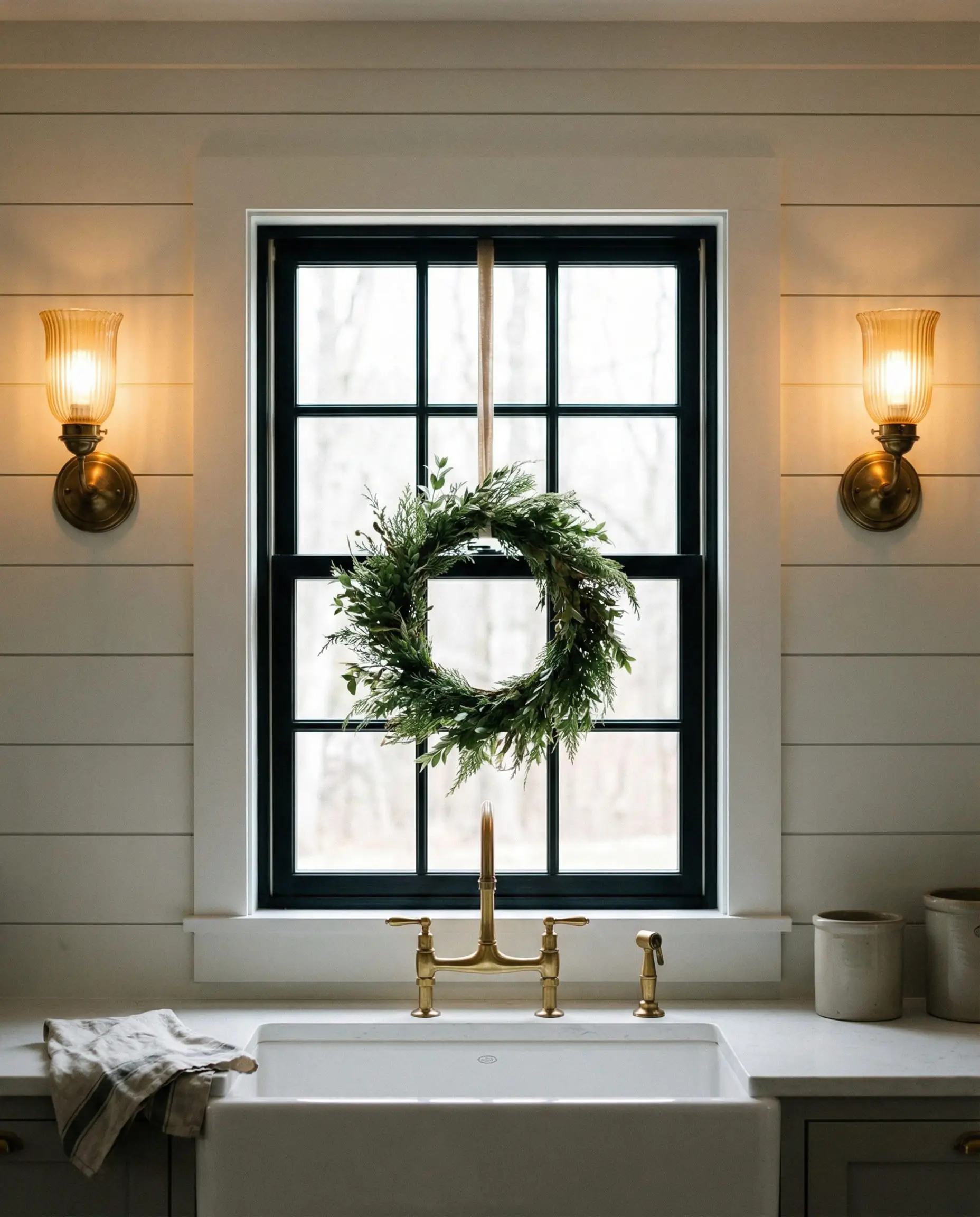 Symmetrical brass sconces flanking a kitchen window over a white farmhouse sink.
