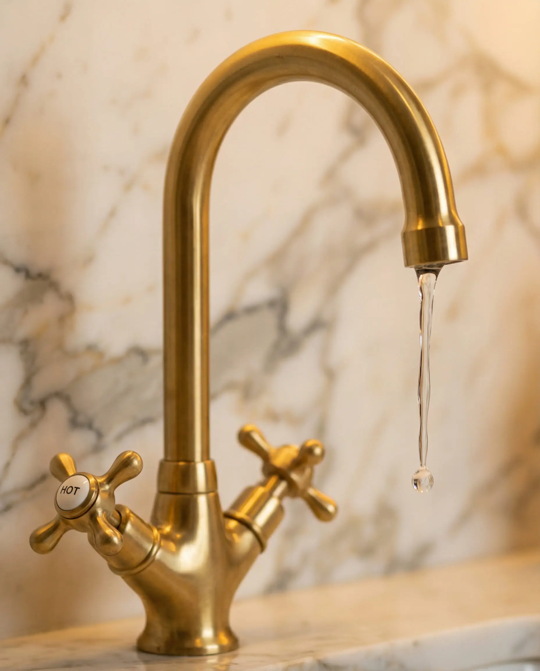 Detail of a polished unlacquered brass swan-neck faucet pouring water into a marble sink.